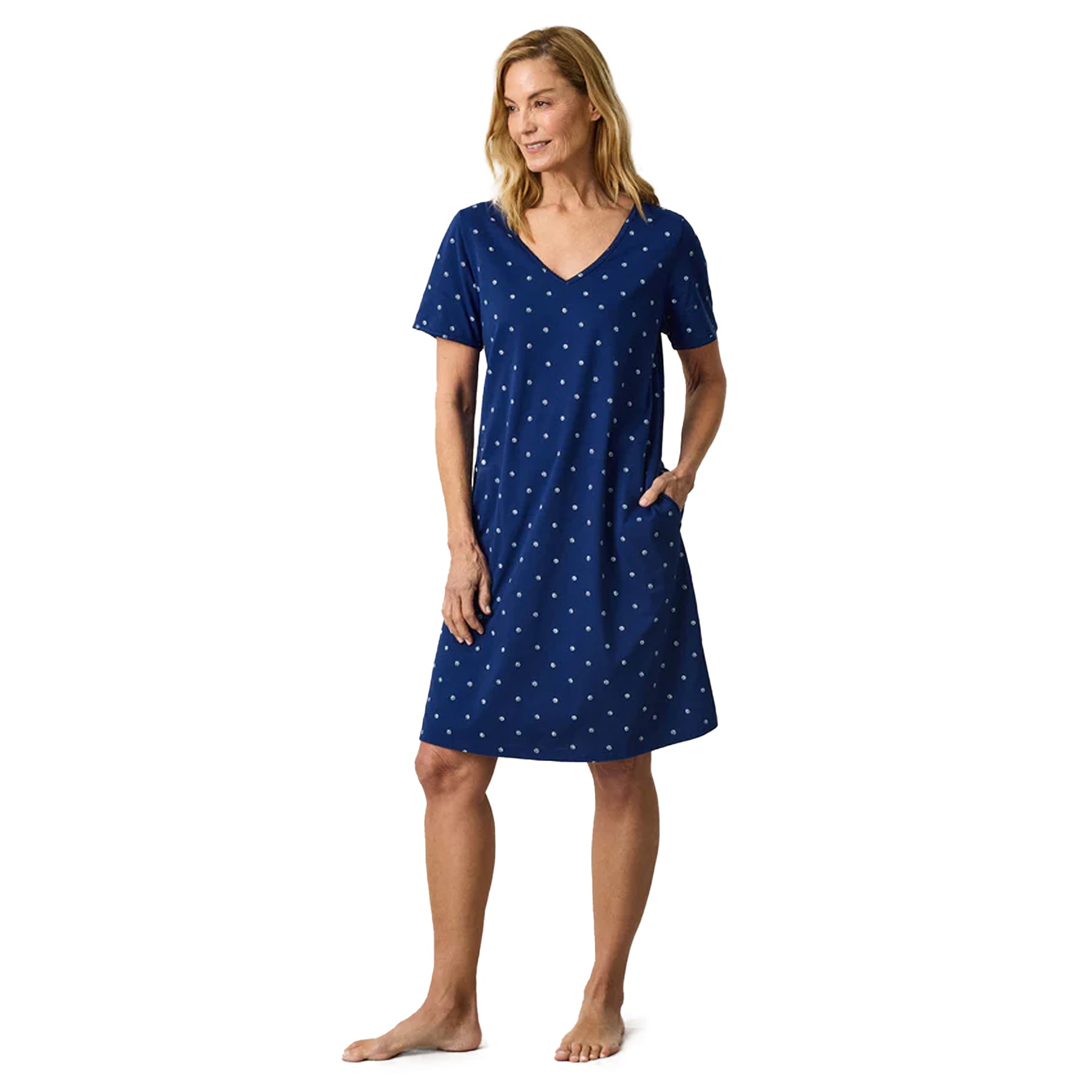 Women’s navy blue short sleeve nightdress with white micro floral print and side pockets – style CH32688.