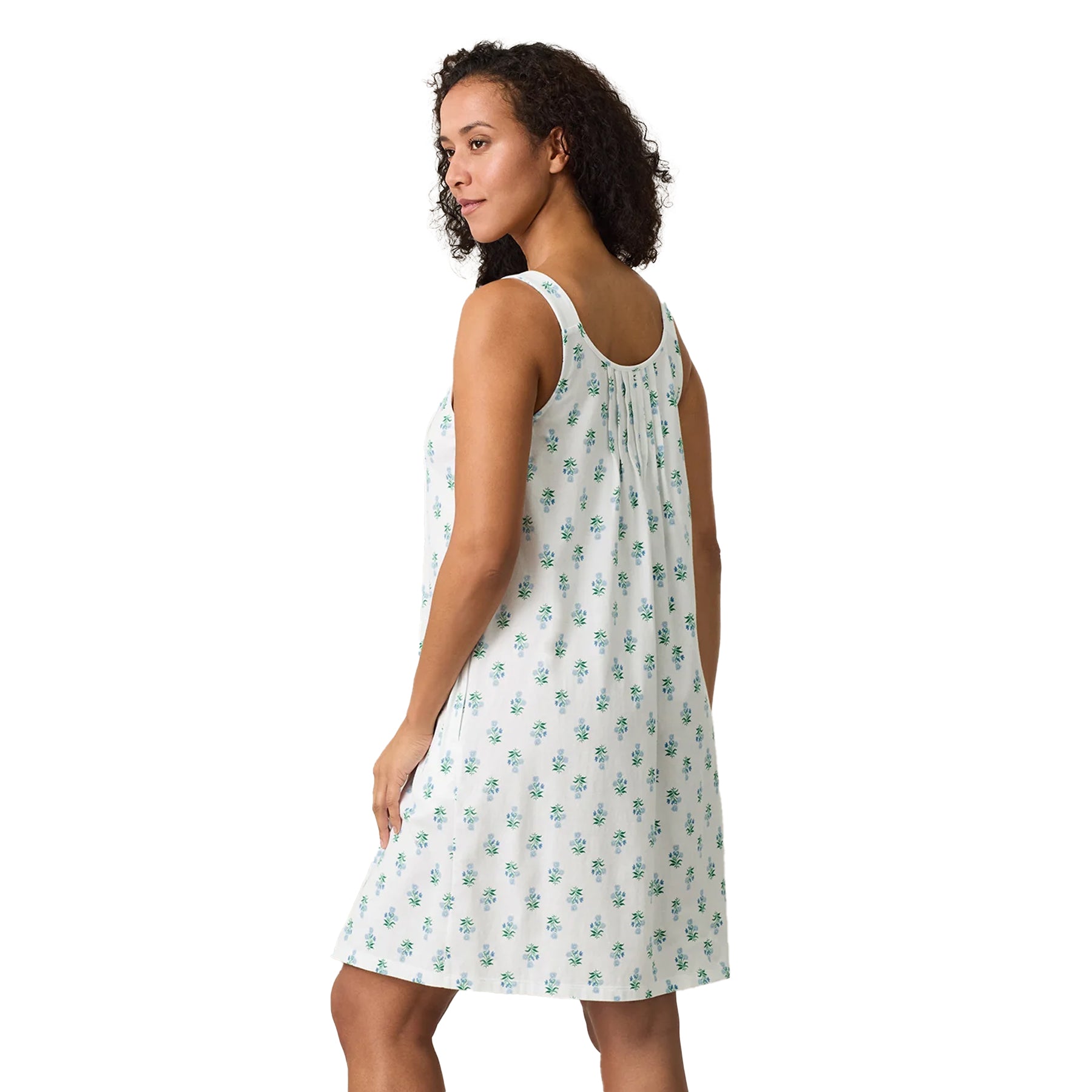 Back view of white sleeveless sleep dress with all-over blue floral print – style CH32689.