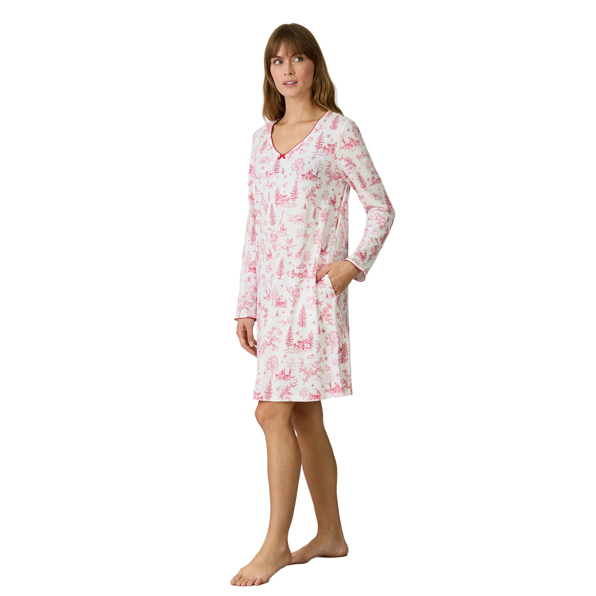 Carole Hochman white winter toile chemise with pink woodland illustrations, long sleeves, a relaxed above-the-knee silhouette, V-neckline and convenient side pockets.