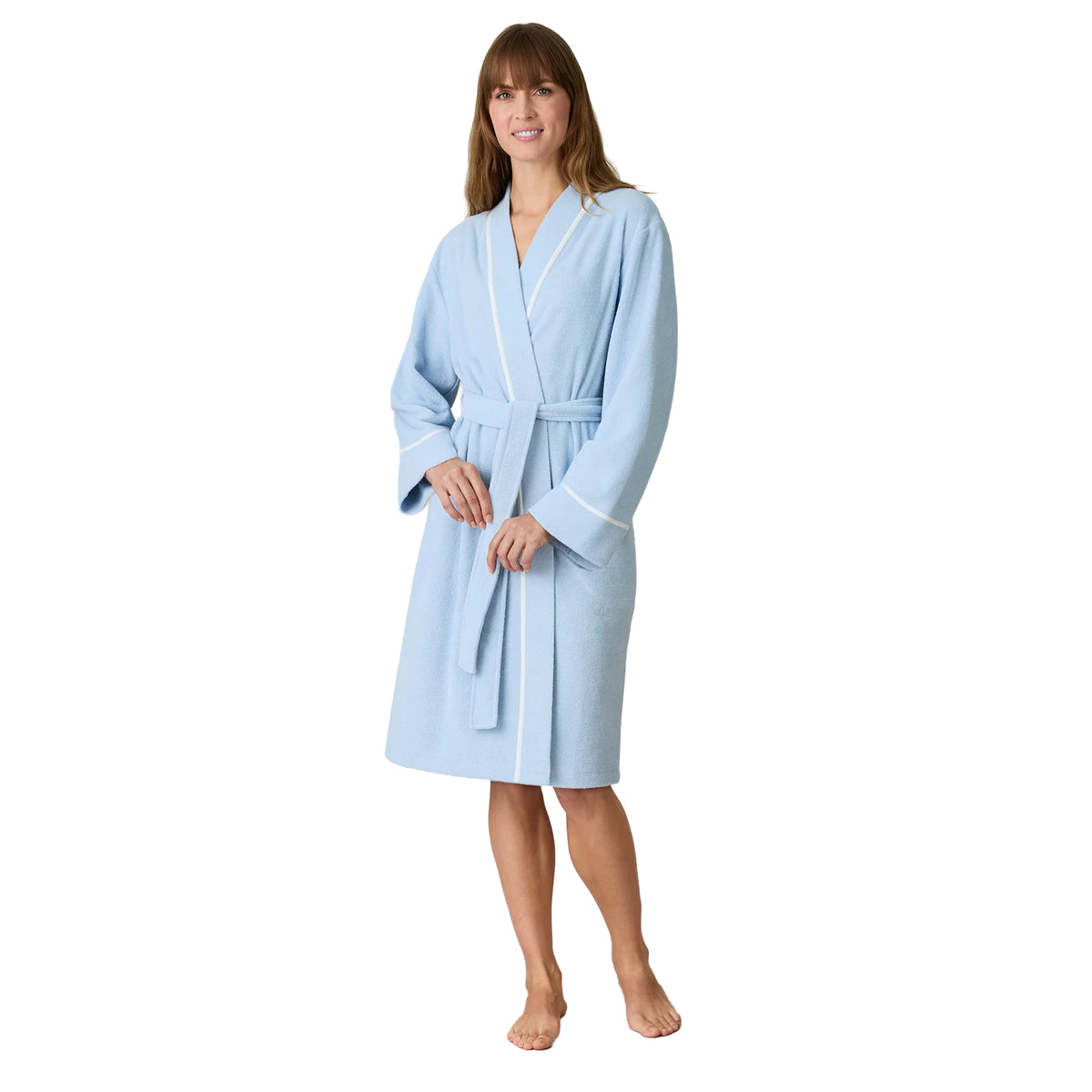 Carole Hochman light blue knee-length wrap robe featuring a soft fleece texture, shawl collar, white contrast piping, long sleeves and matching self-tie belt.
