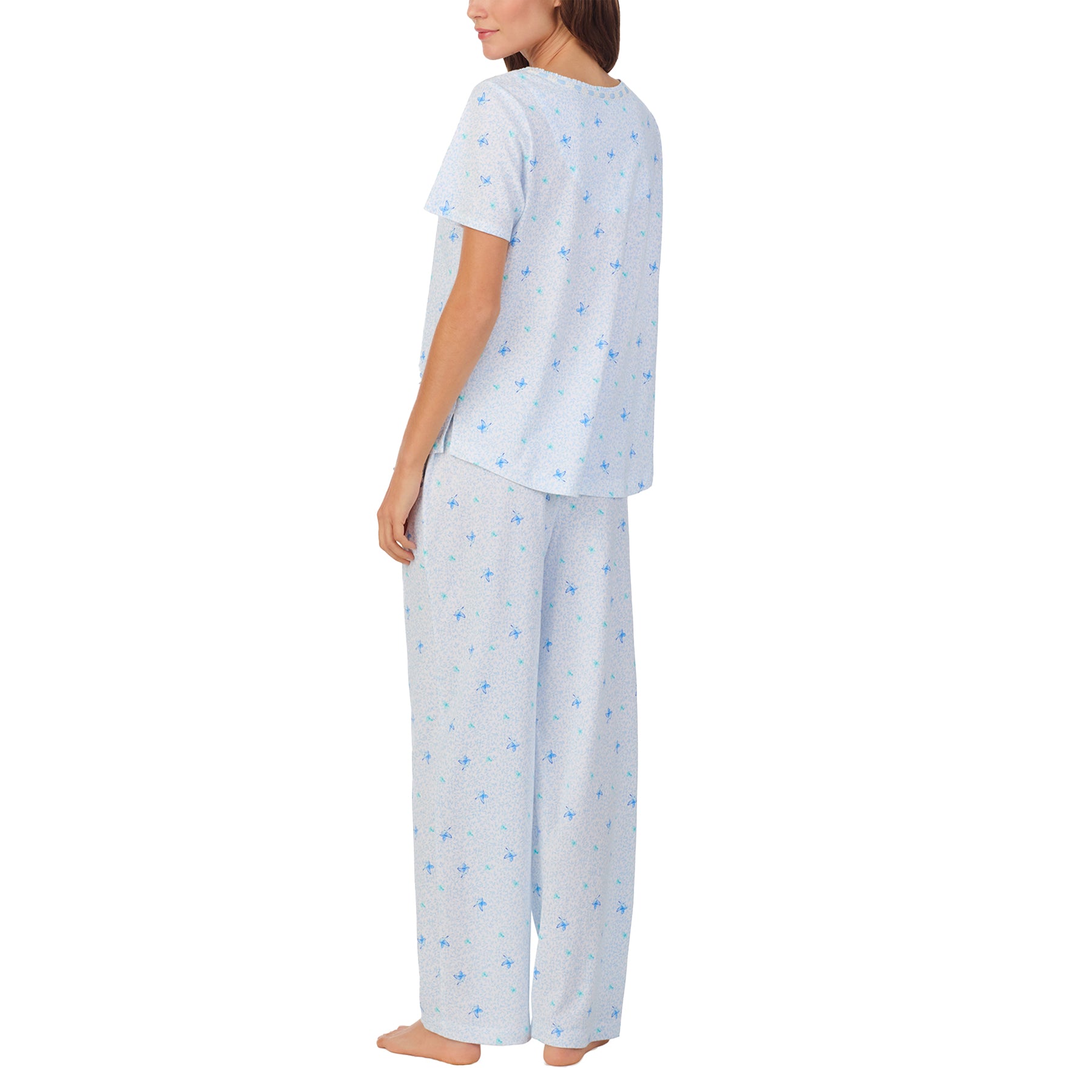 Back view of the light blue floral pajama set, highlighting the soft drape and full-coverage fit.