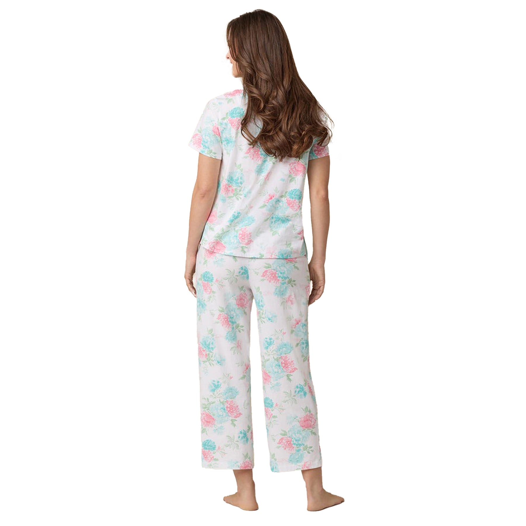 Back view of floral cotton pyjama set with short-sleeve button top and wide-leg pants.