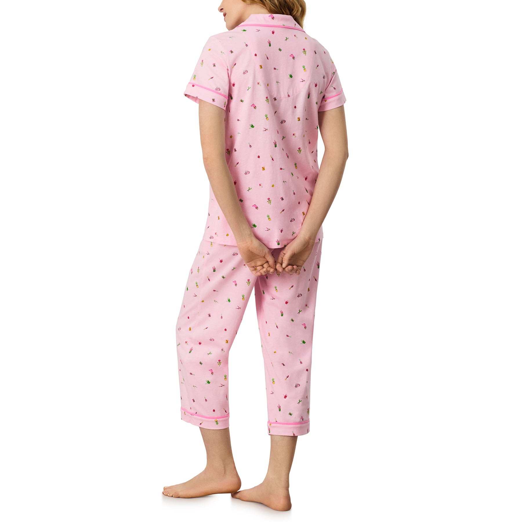 Back view of Carole Hochman pink printed pyjama set with short sleeve top and cropped pants in soft cotton fabric