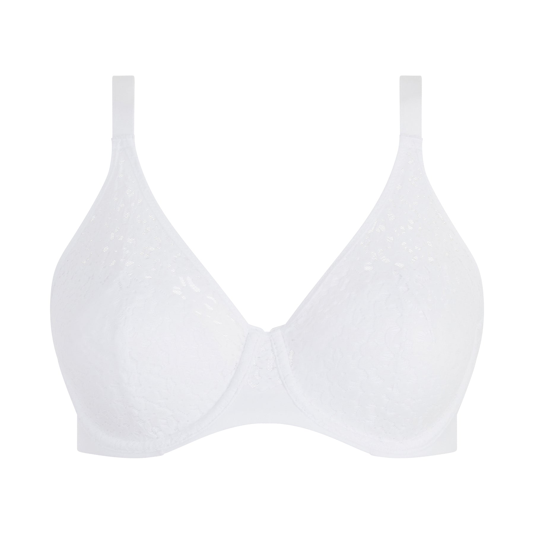 Chantelle Norah Full Cup Bra in white with full coverage, lace overlay, and underwire design, displayed on white background.