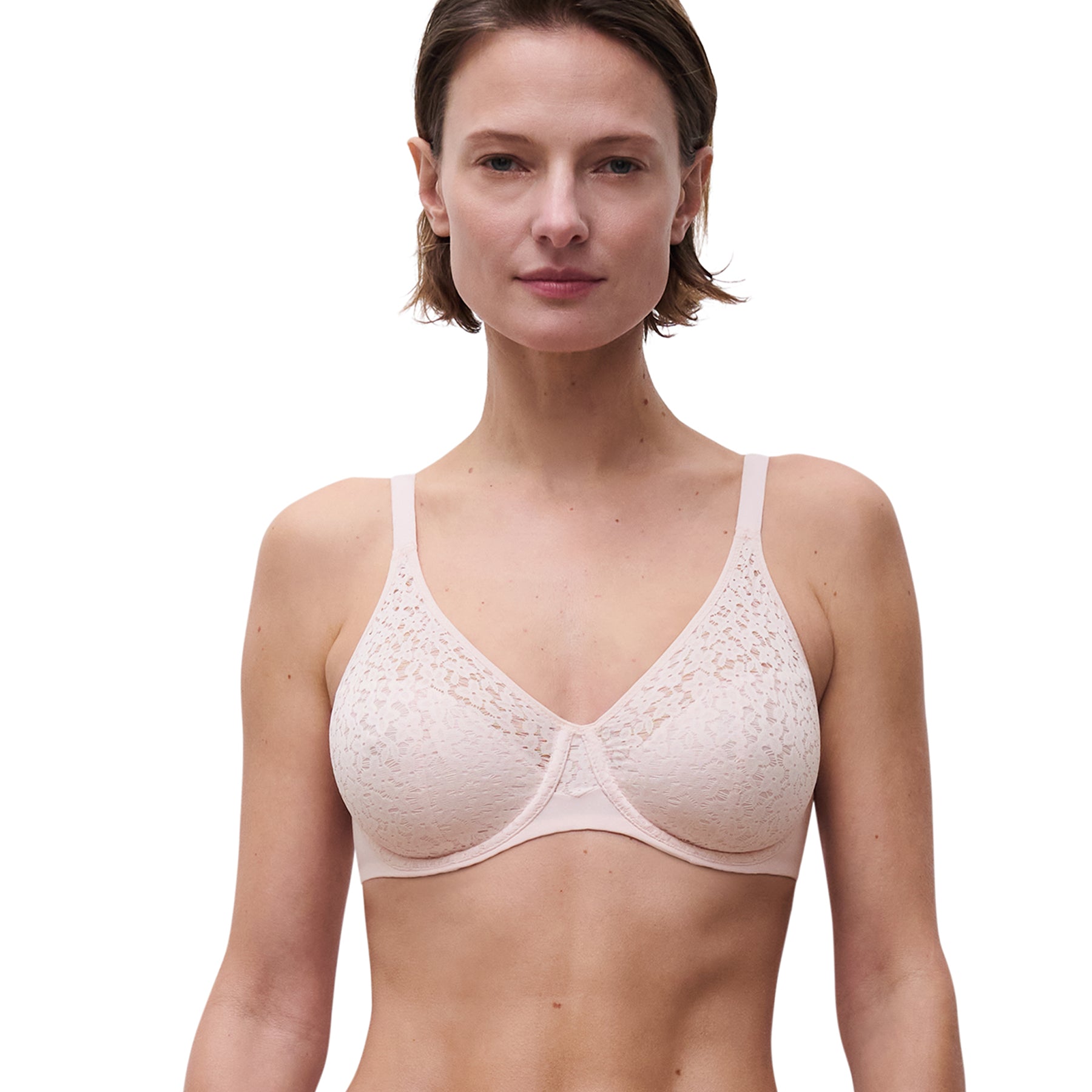 chantelle norah full cup bra sugar pink 0jw front view on model with lace detail