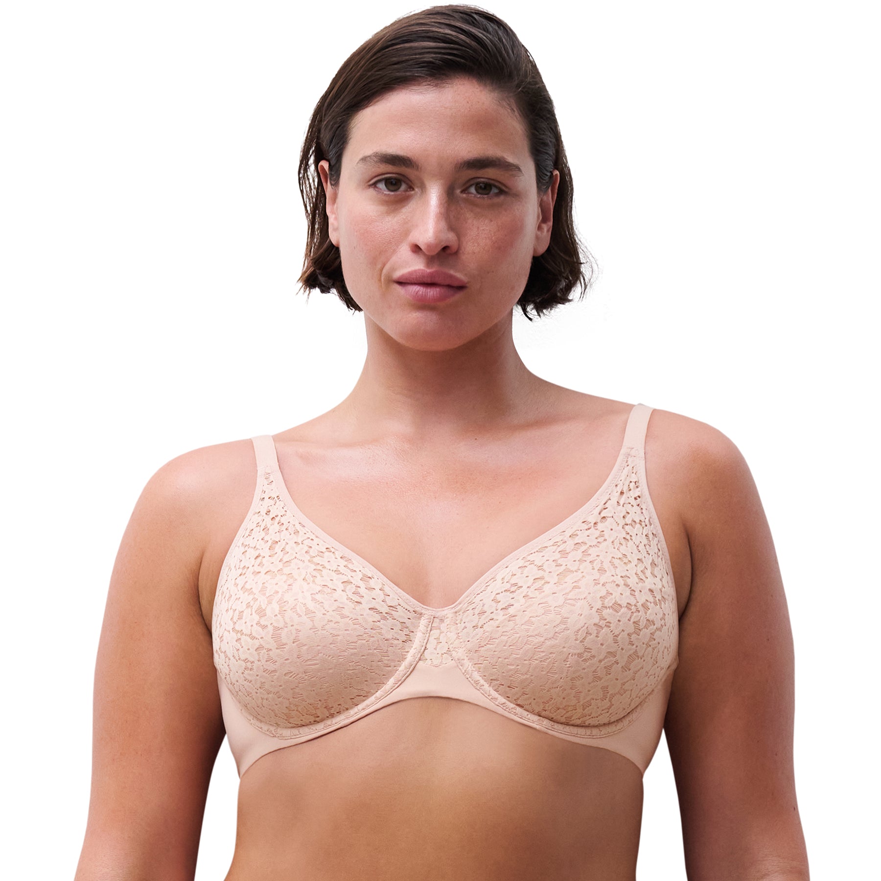 chantelle norah full cup bra nude rose 0rg front view on model with lace full coverage cups