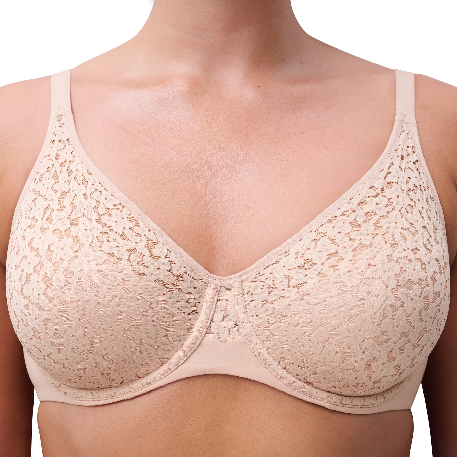 chantelle norah full cup bra nude rose 0rg lace cup close up on model