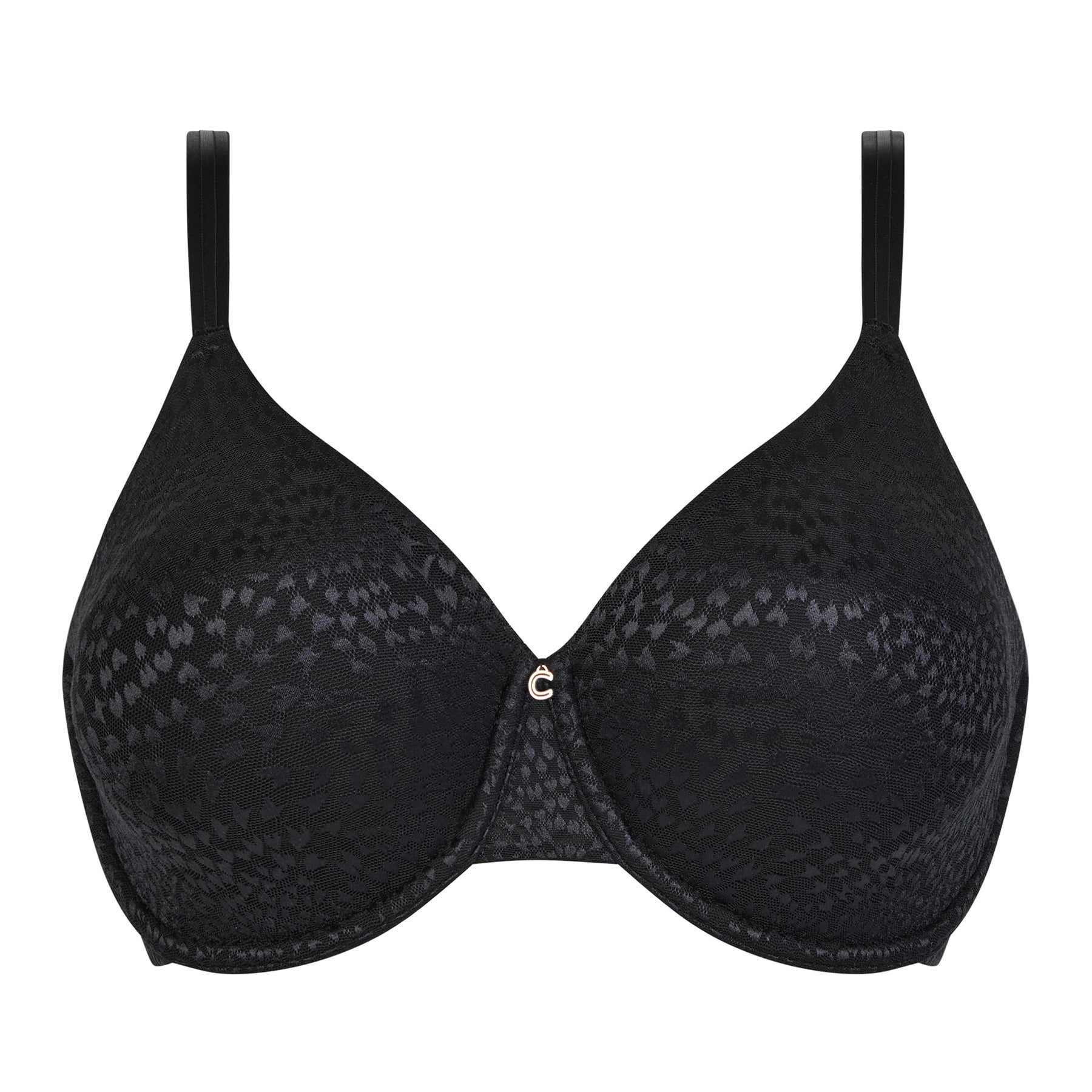 Chantelle C19UM1 Full Cup Magique Bra in black – smooth underwired T-shirt bra with subtle jacquard pattern. Flat lay without model.