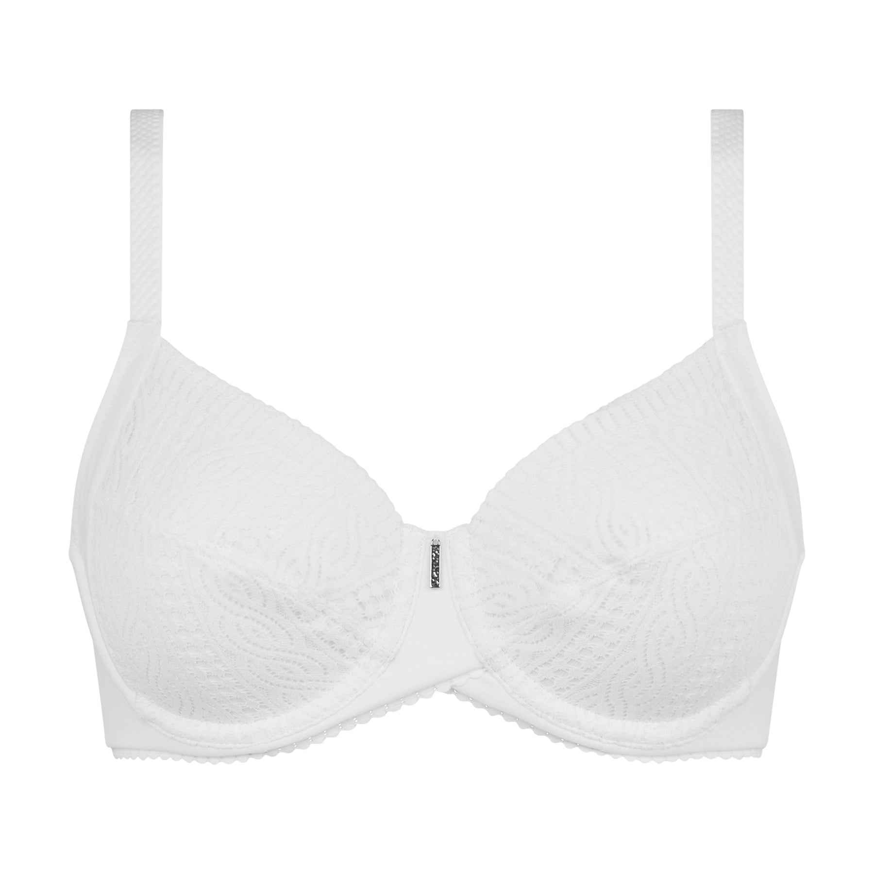 3 part full cup bra in white knitted lace. Front view without model.