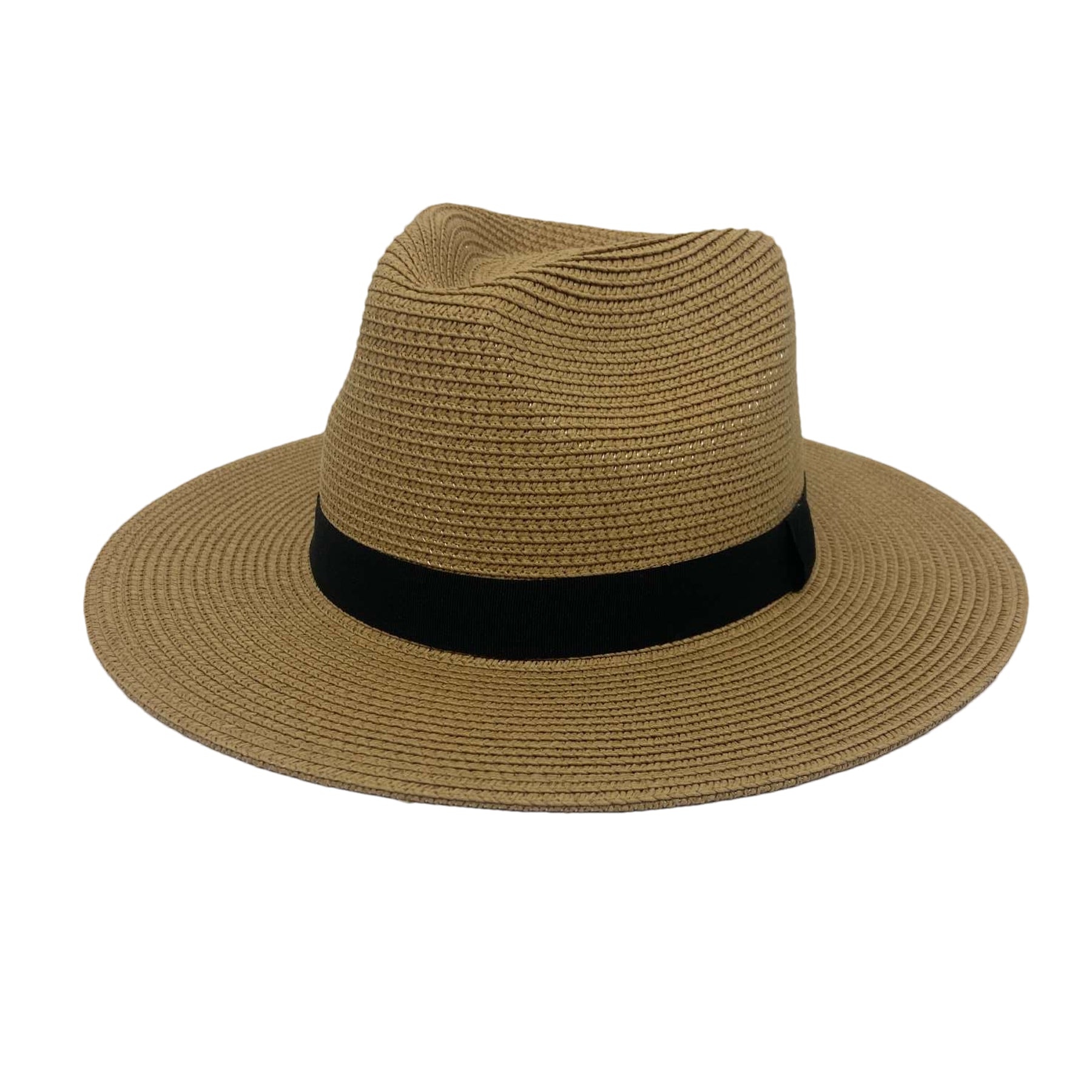 Natural straw fedora-style sun hat with a structured crown, wide brim, and black grosgrain ribbon band on a white background
