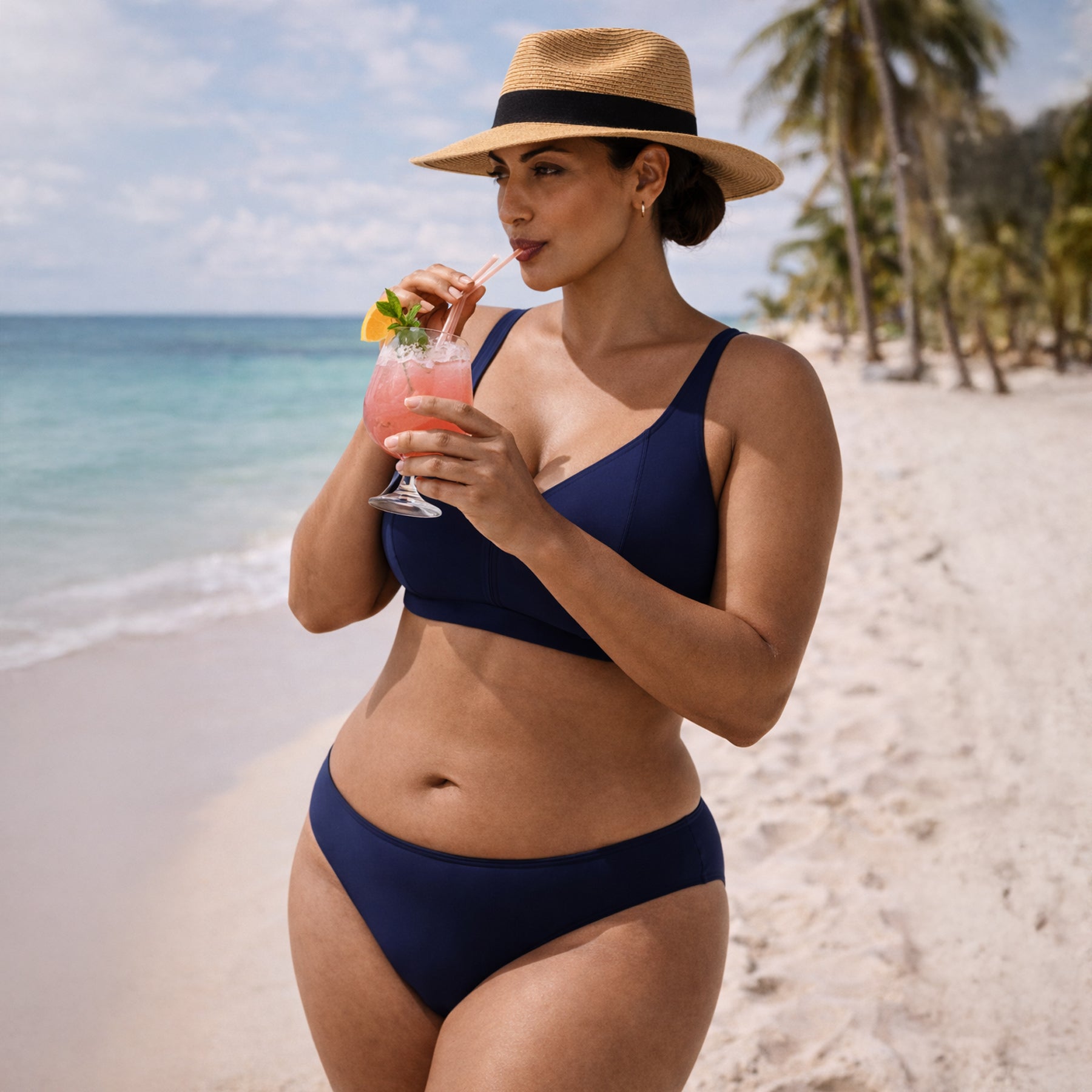 Woman wearing a natural straw fedora-style sun hat with a black ribbon band and navy bikini while holding a pink tropical drink on a sandy beach with palm trees