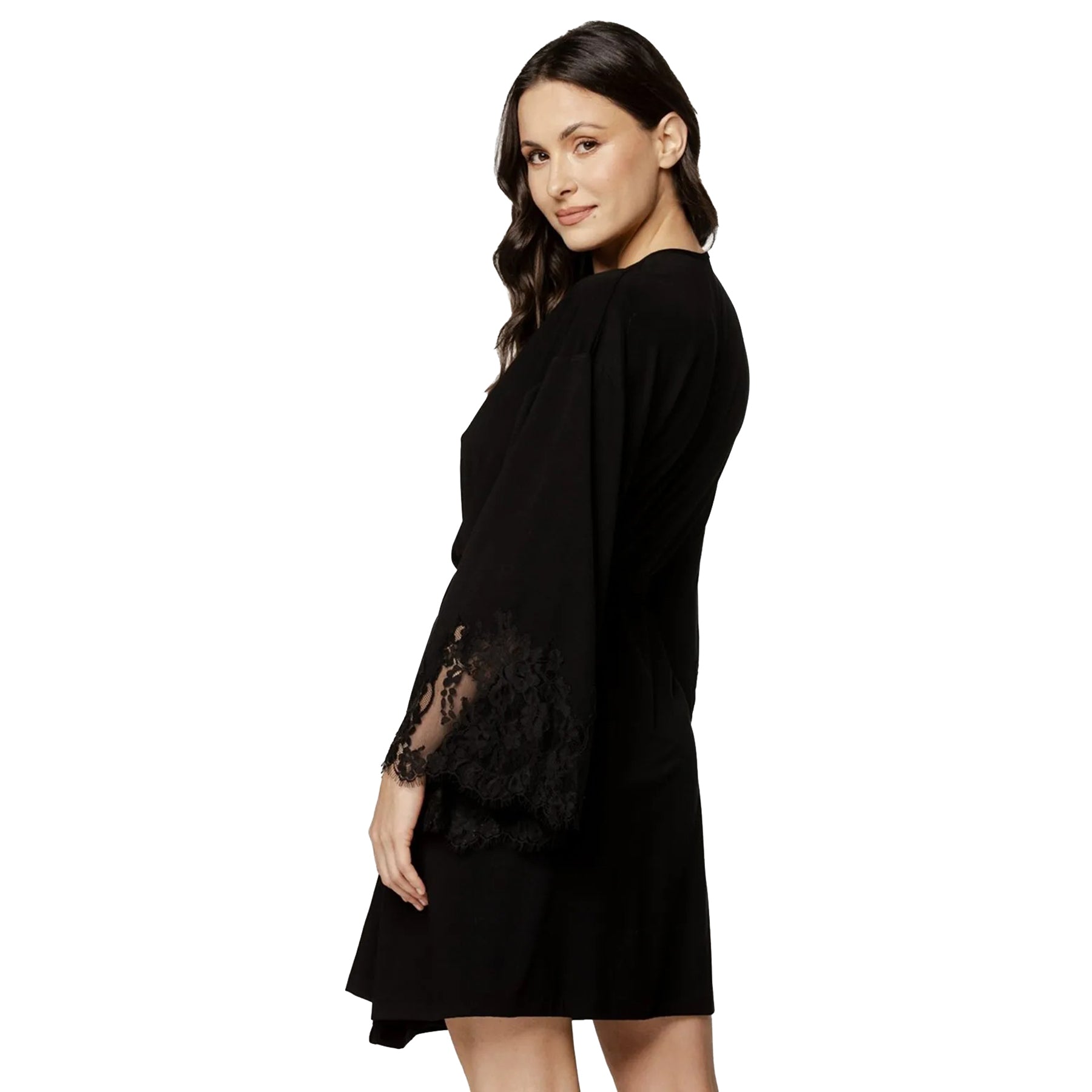 coemi giulia short wrap robe black side view showing relaxed fit and lace-trimmed sleeves