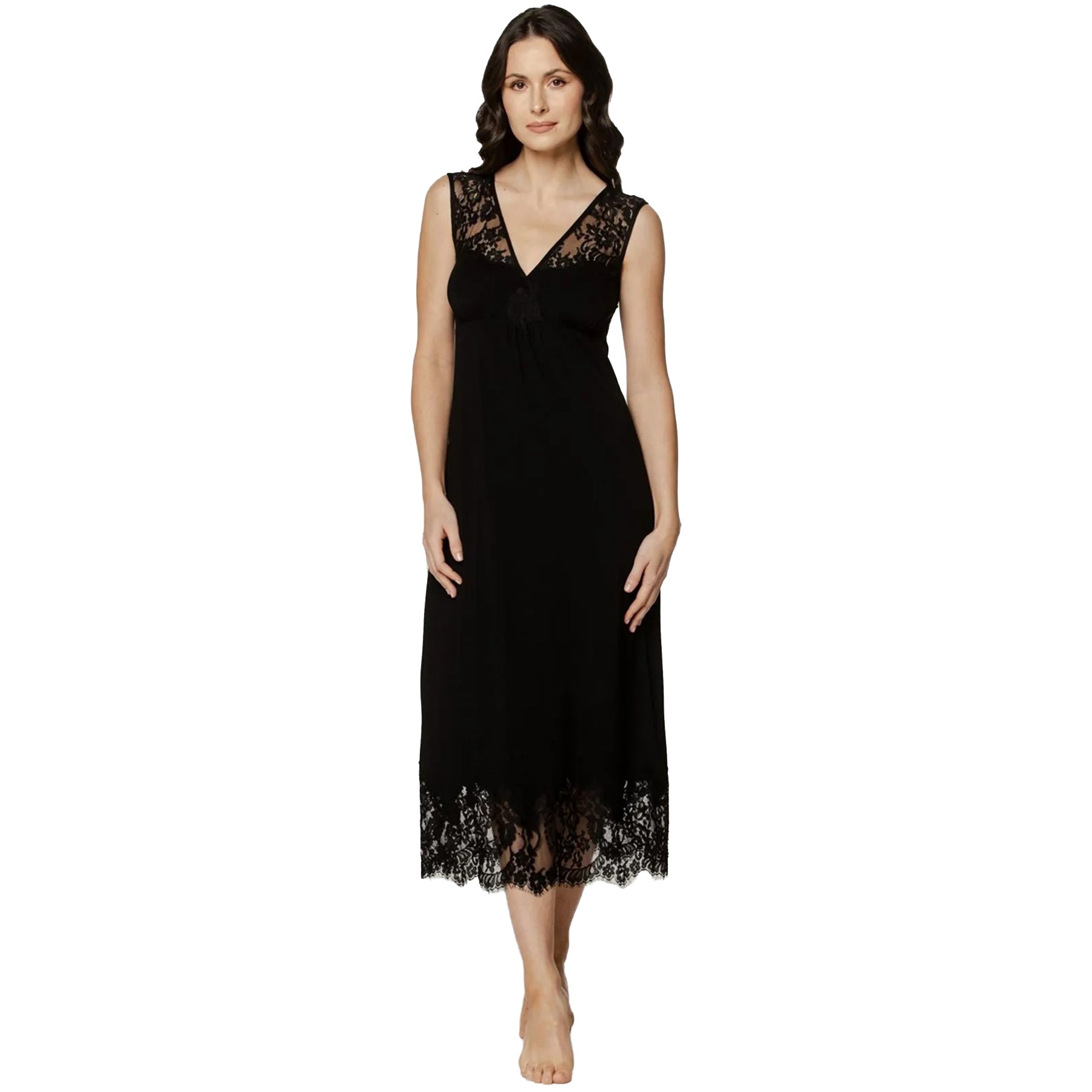 coemi giulia sleeveless x-back gown black full front view with lace shoulders and scalloped lace hem