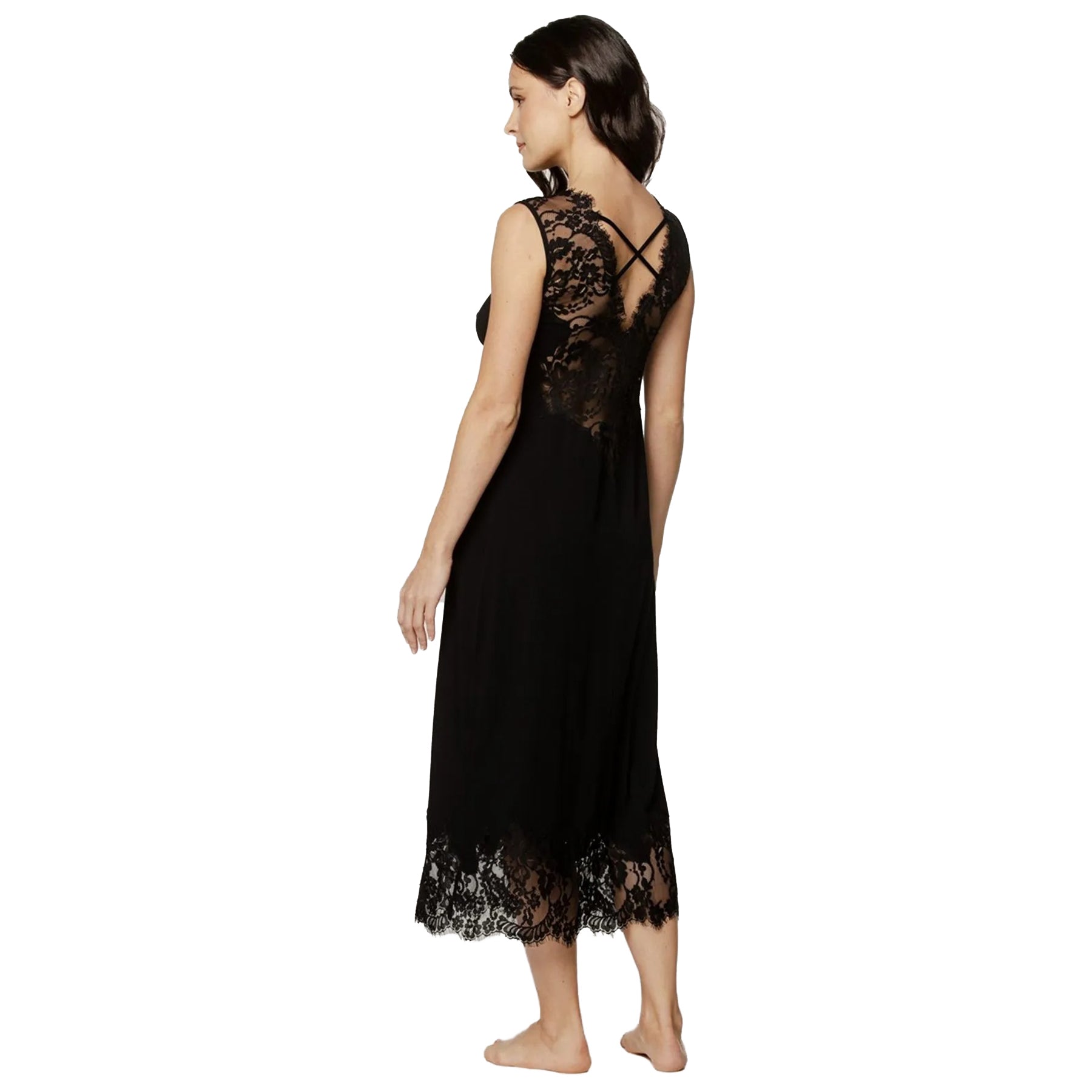 coemi giulia sleeveless x-back gown black back view with sheer floral lace panel and criss-cross straps