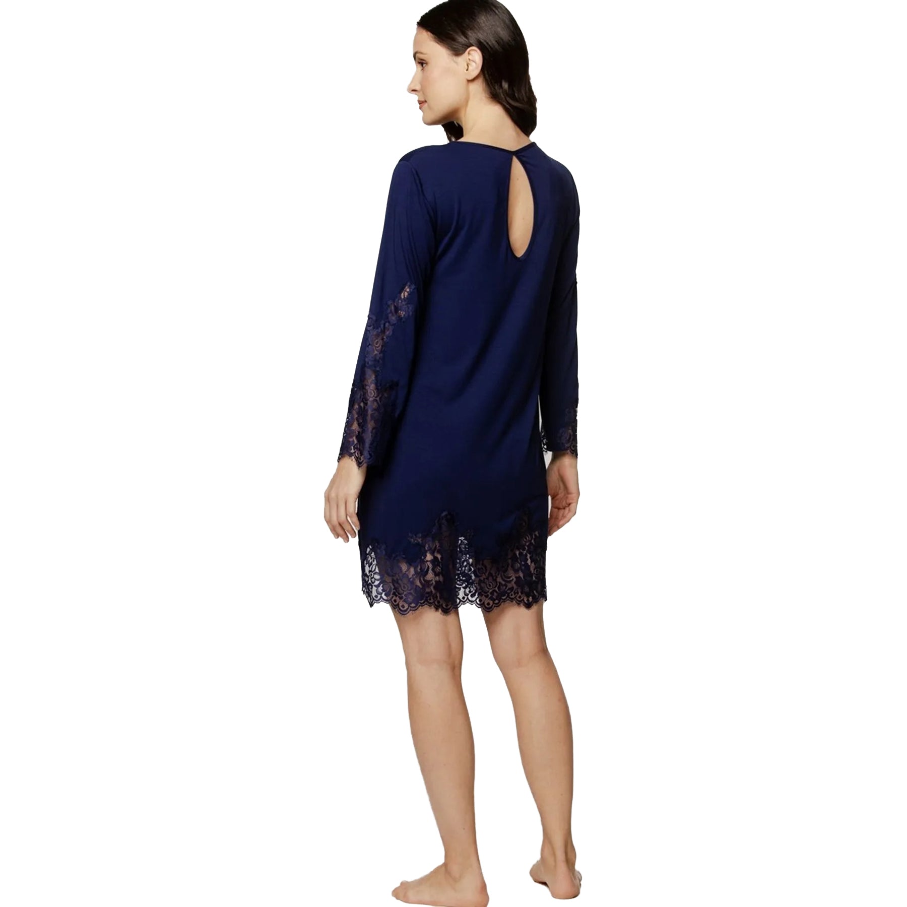 Back view of Coemi Lunara navy long sleeve chemise featuring lace-trimmed sleeves and keyhole detail.