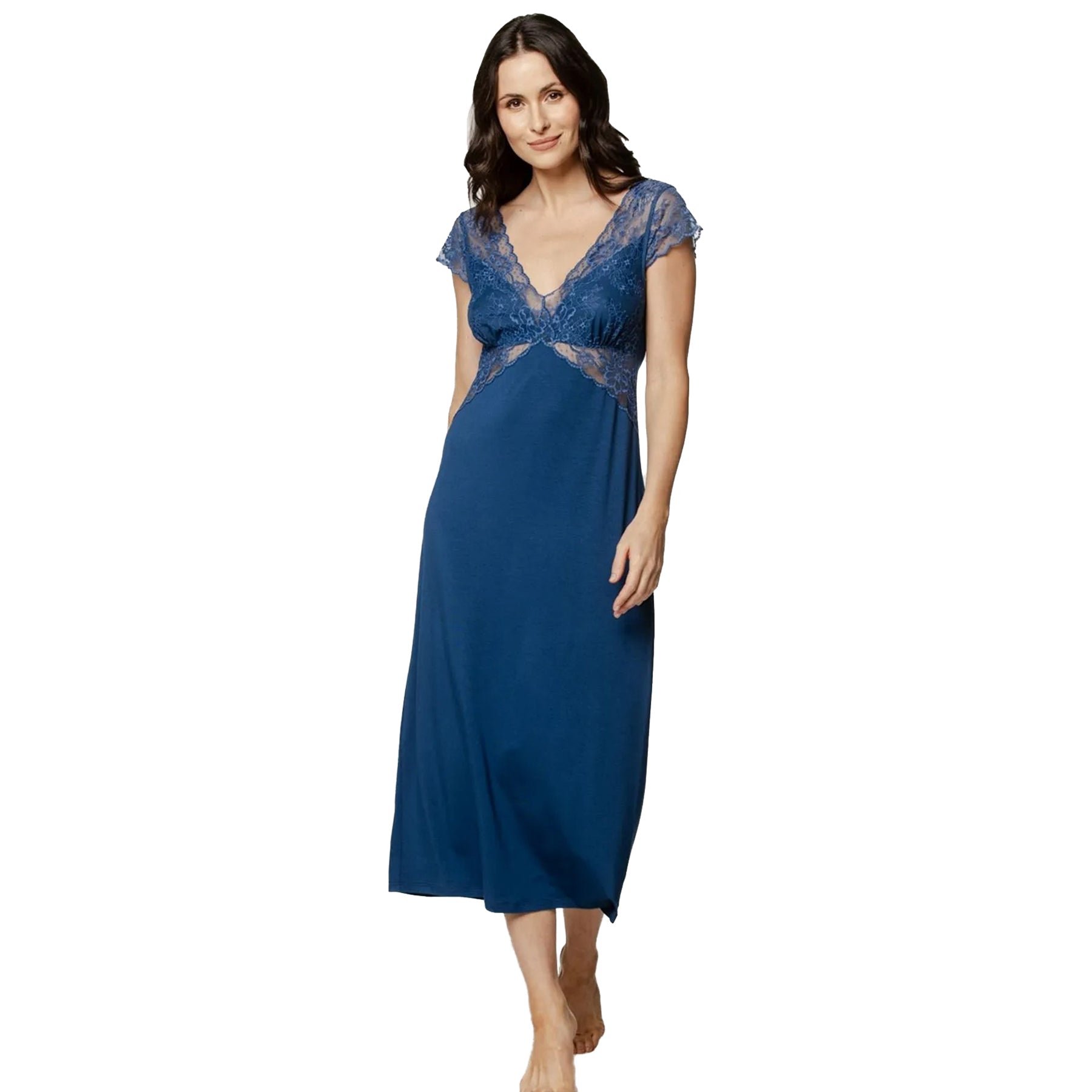 COEMI Seraphine cap sleeve lace gown in Blue Jeans – front view showing deep V-neck floral lace bodice and soft modal skirt.