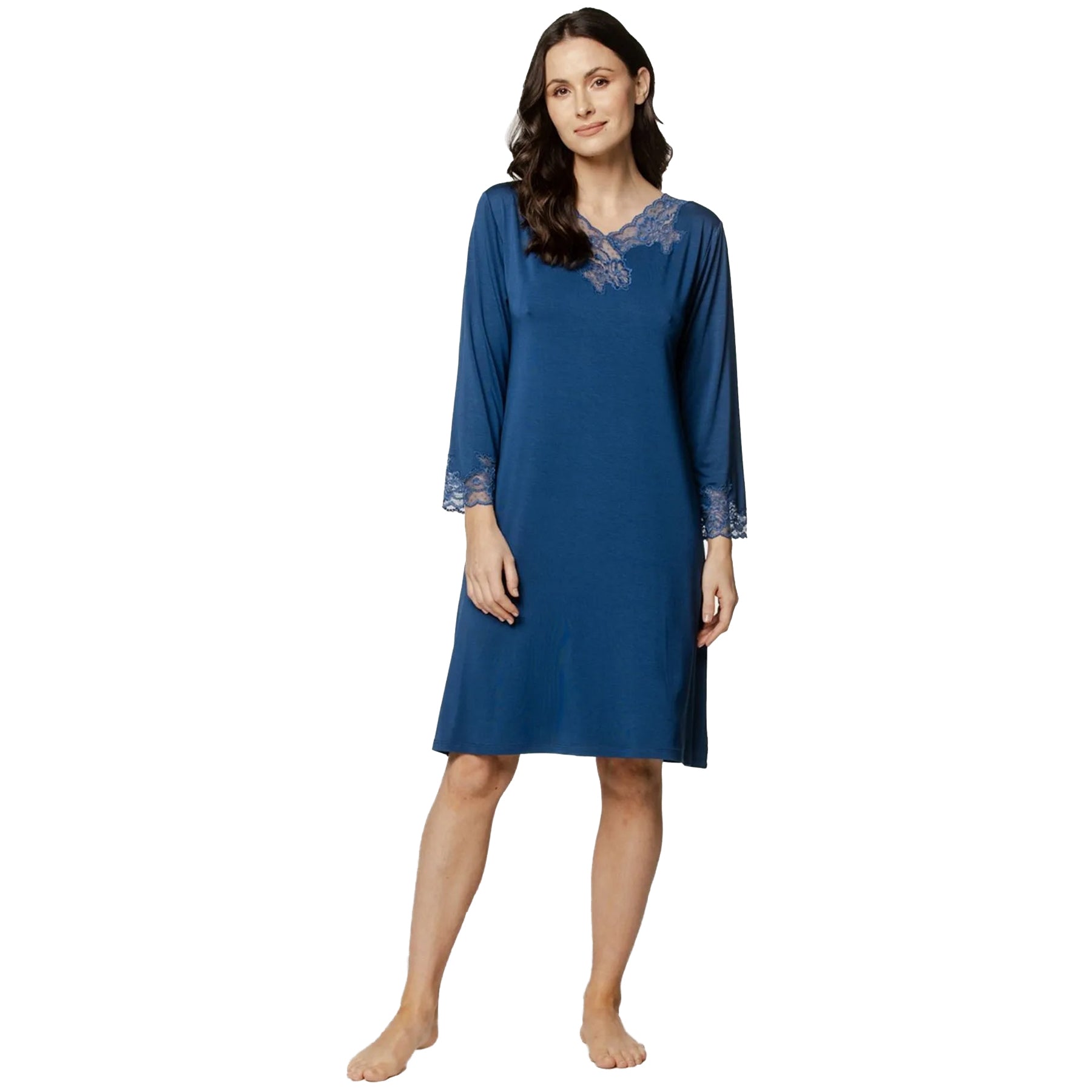 Coemi Seraphine long-sleeve chemise in Blue Jeans – front view showing soft jersey body, floral lace neckline, and elegant mid-length nightgown.