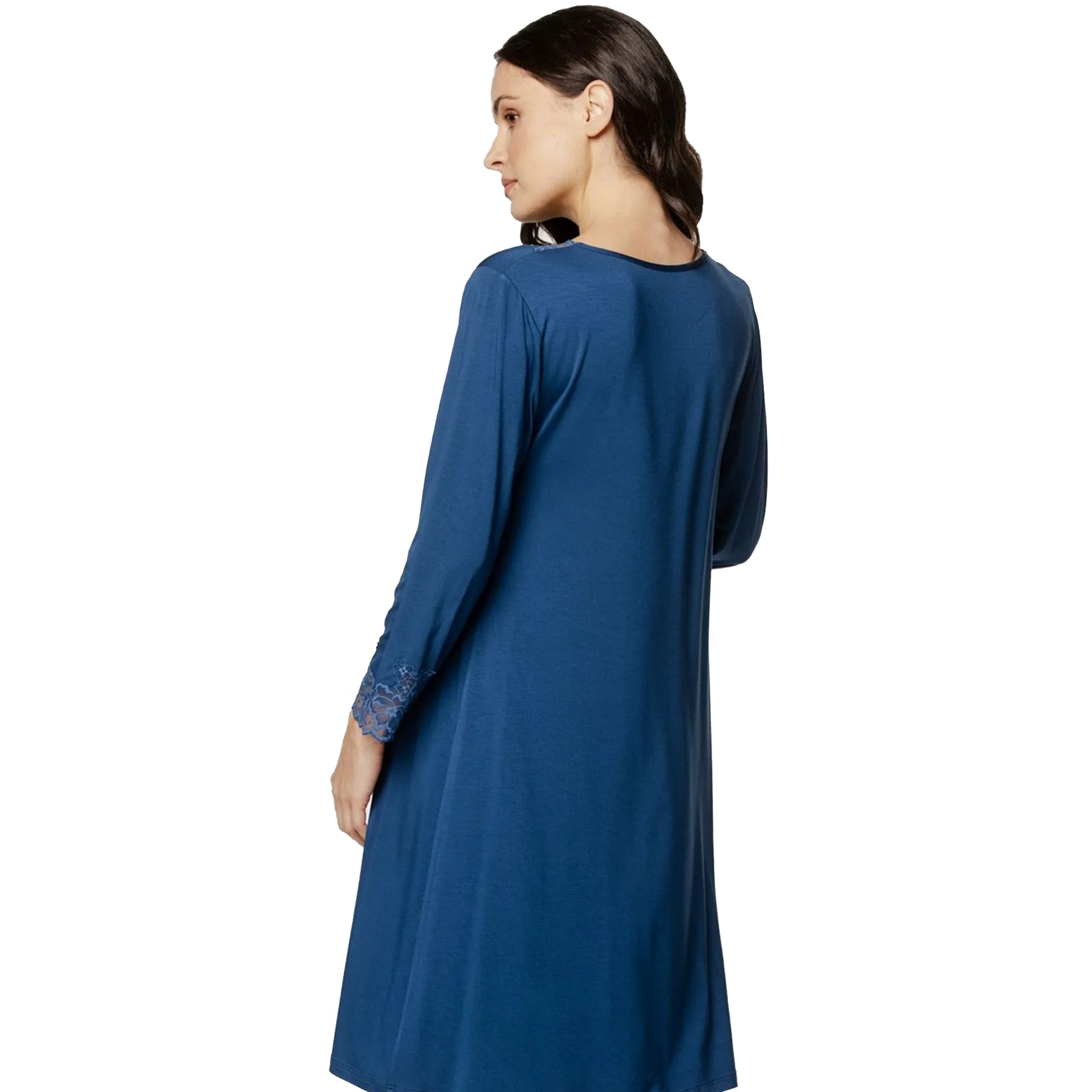 Coemi Seraphine long-sleeve chemise in Blue Jeans – back view with smooth jersey finish and relaxed A-line silhouette.