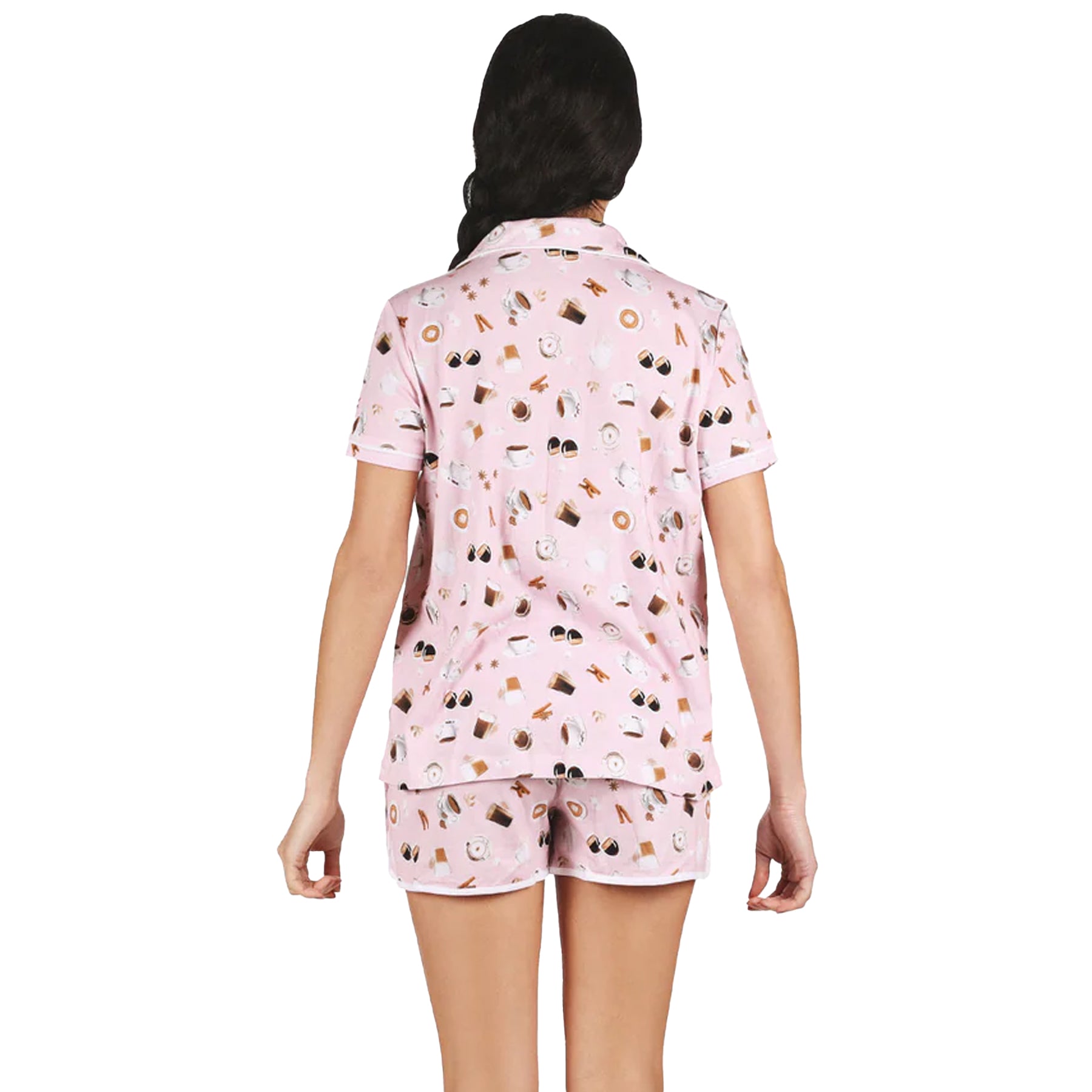 Back view of pink coffee print pyjama set with relaxed fit short sleeve shirt and coordinating shorts.