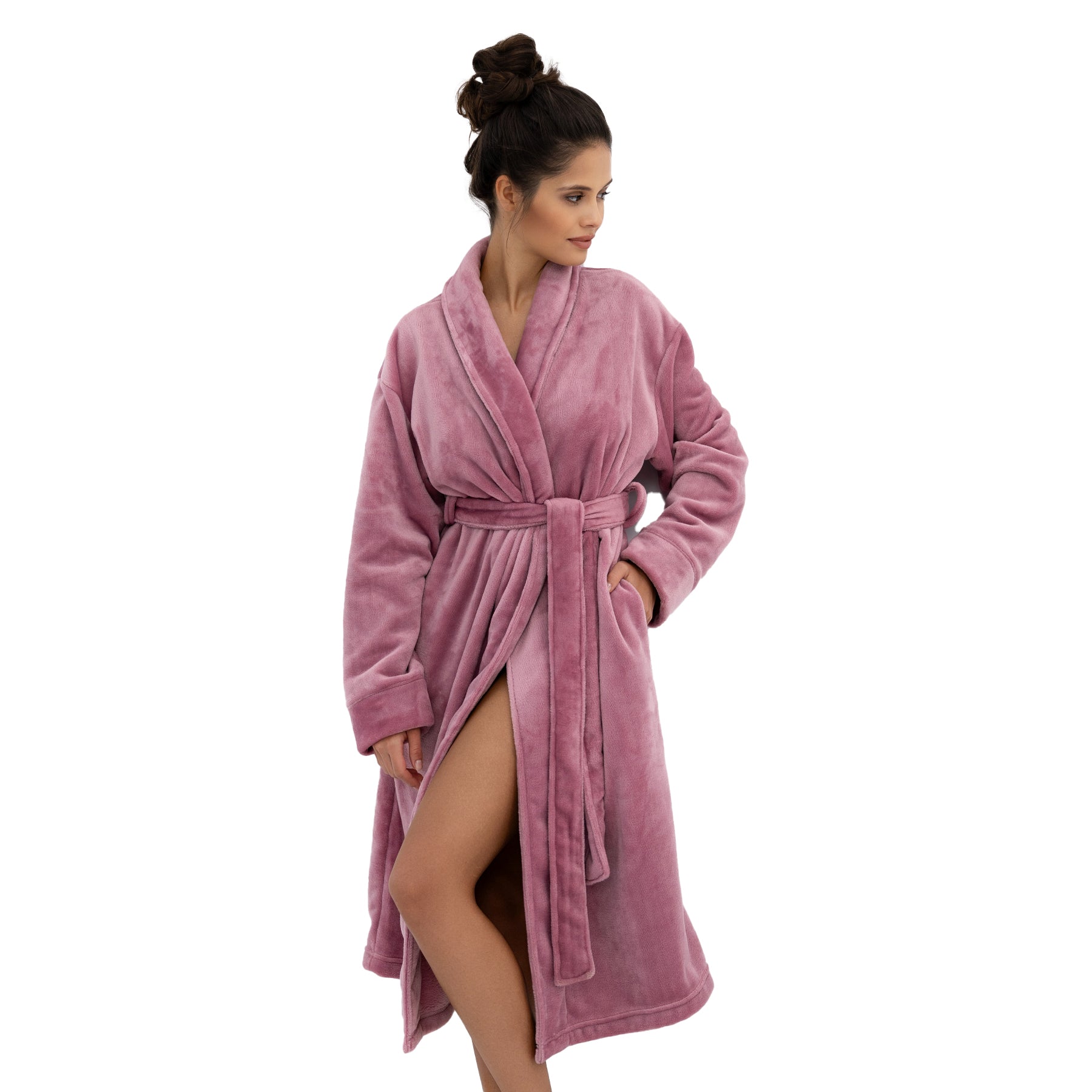 Front view of woman in mauve-pink plush robe with wrap style and soft, cozy texture.