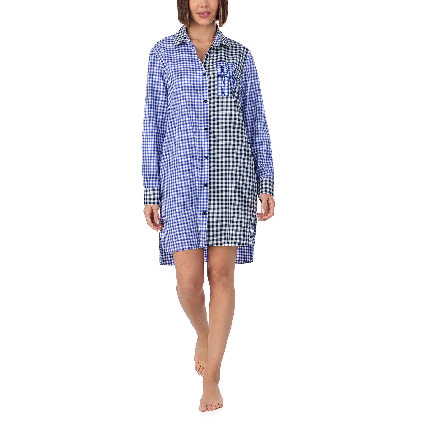 Long sleeve collared button up sleepshirt in blue and black checkered gingham print. Front view on model.