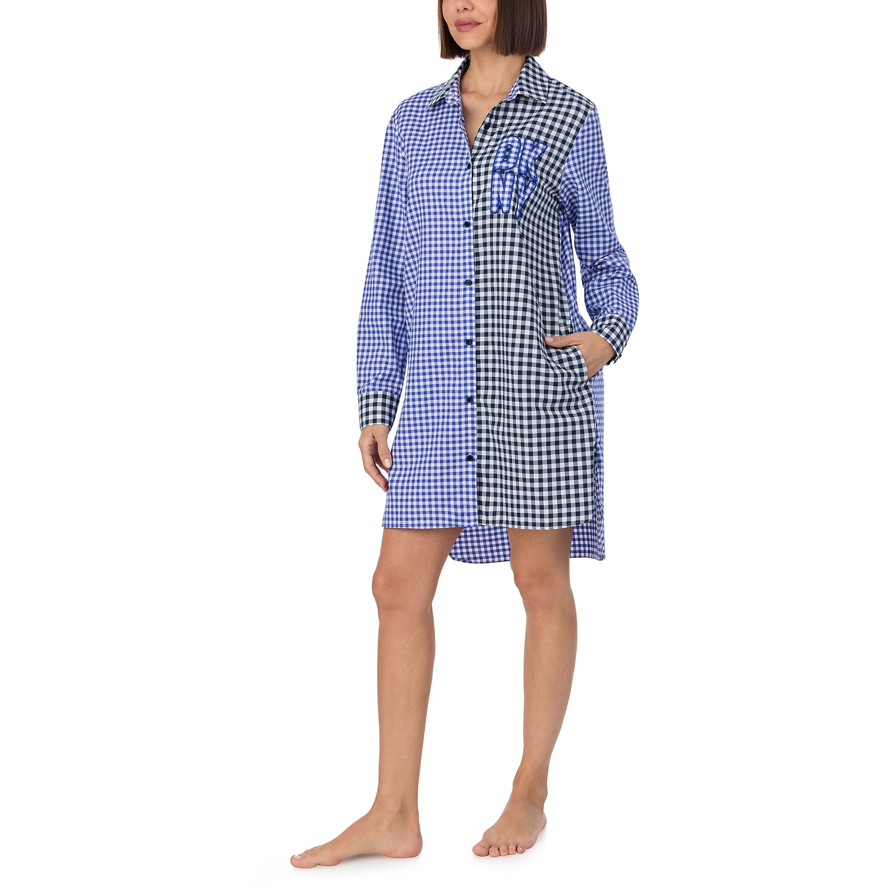 Long sleeve collared button up sleepshirt in blue and black checkered gingham print. Front/side view on model.