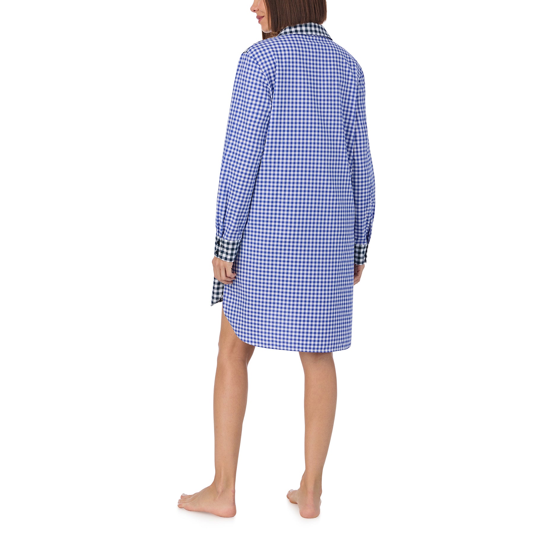 Long sleeve collared button up sleepshirt in blue and black checkered gingham print. Rear view on model.