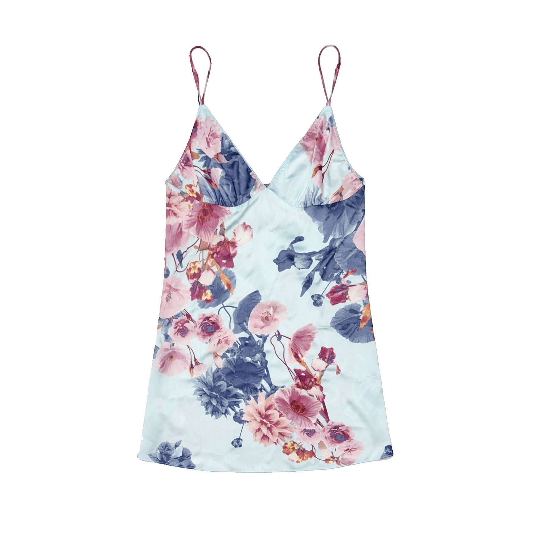 Light blue satin chemise with pink and navy floral print, V-neckline and thin adjustable straps, shown flat on white background.