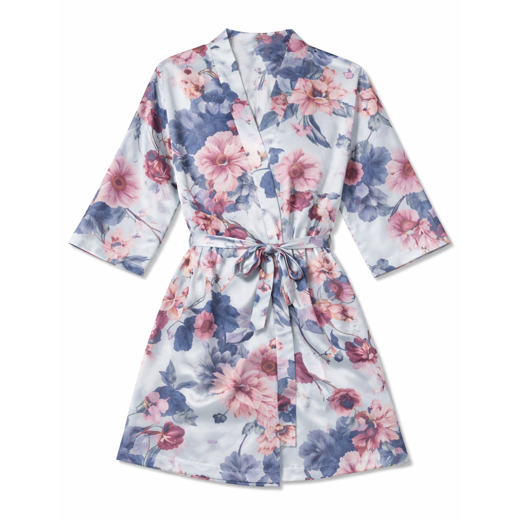 Light blue satin floral robe with pink and navy botanical print, three-quarter sleeves and matching tie belt, displayed flat on white background.