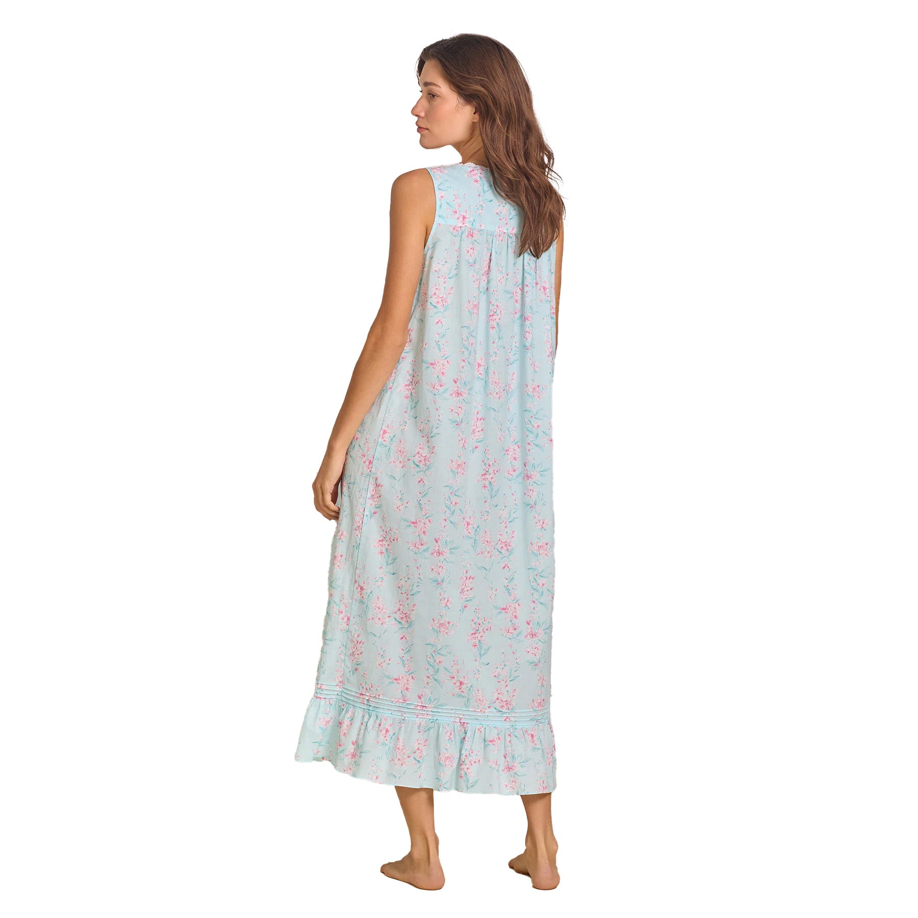 A rear view of the sleeveless floral nightgown, highlighting the relaxed fit, gathered back, and flowing full-length design.