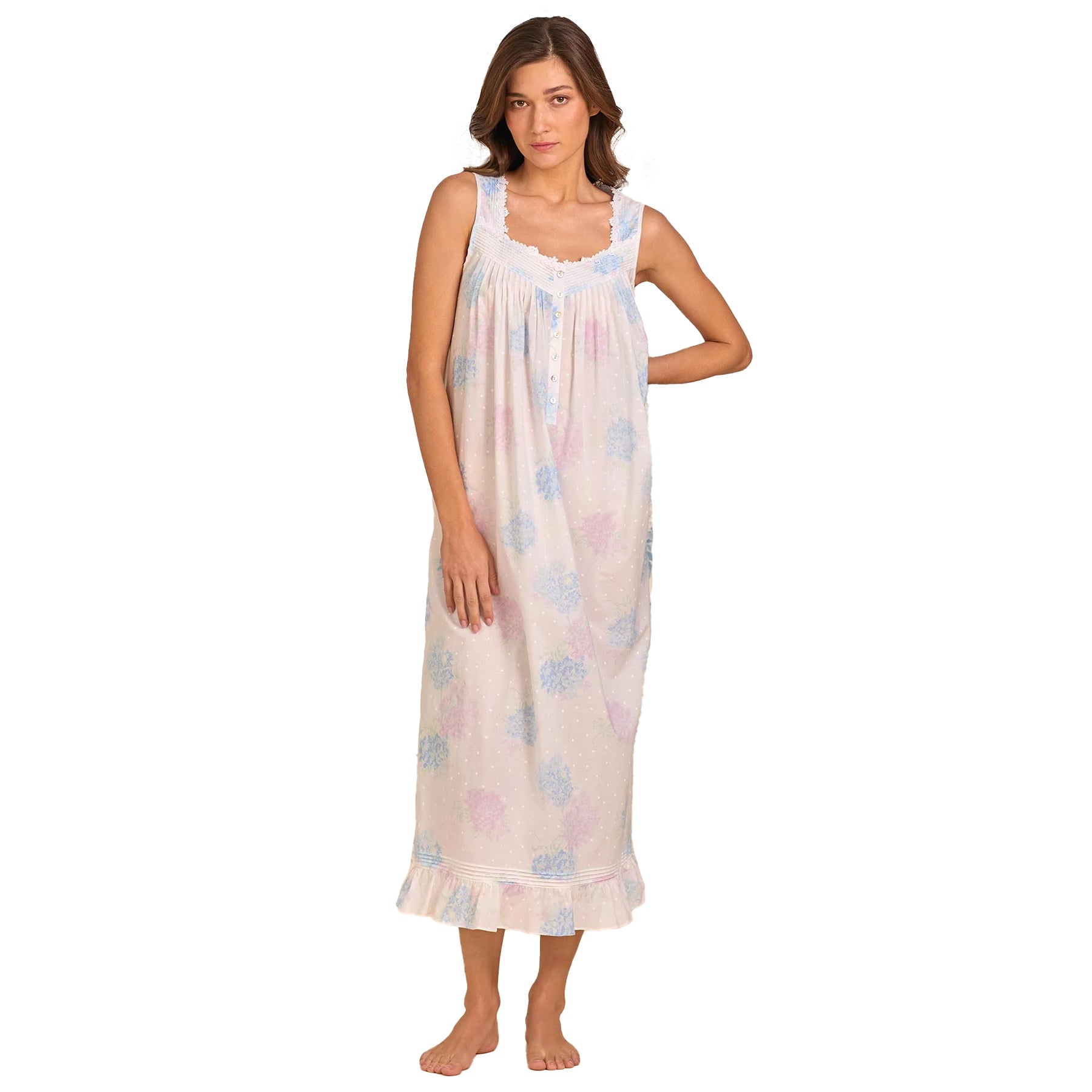 Full-length front view of women’s cotton nightgown with pastel floral pattern, button front and ruffle hem