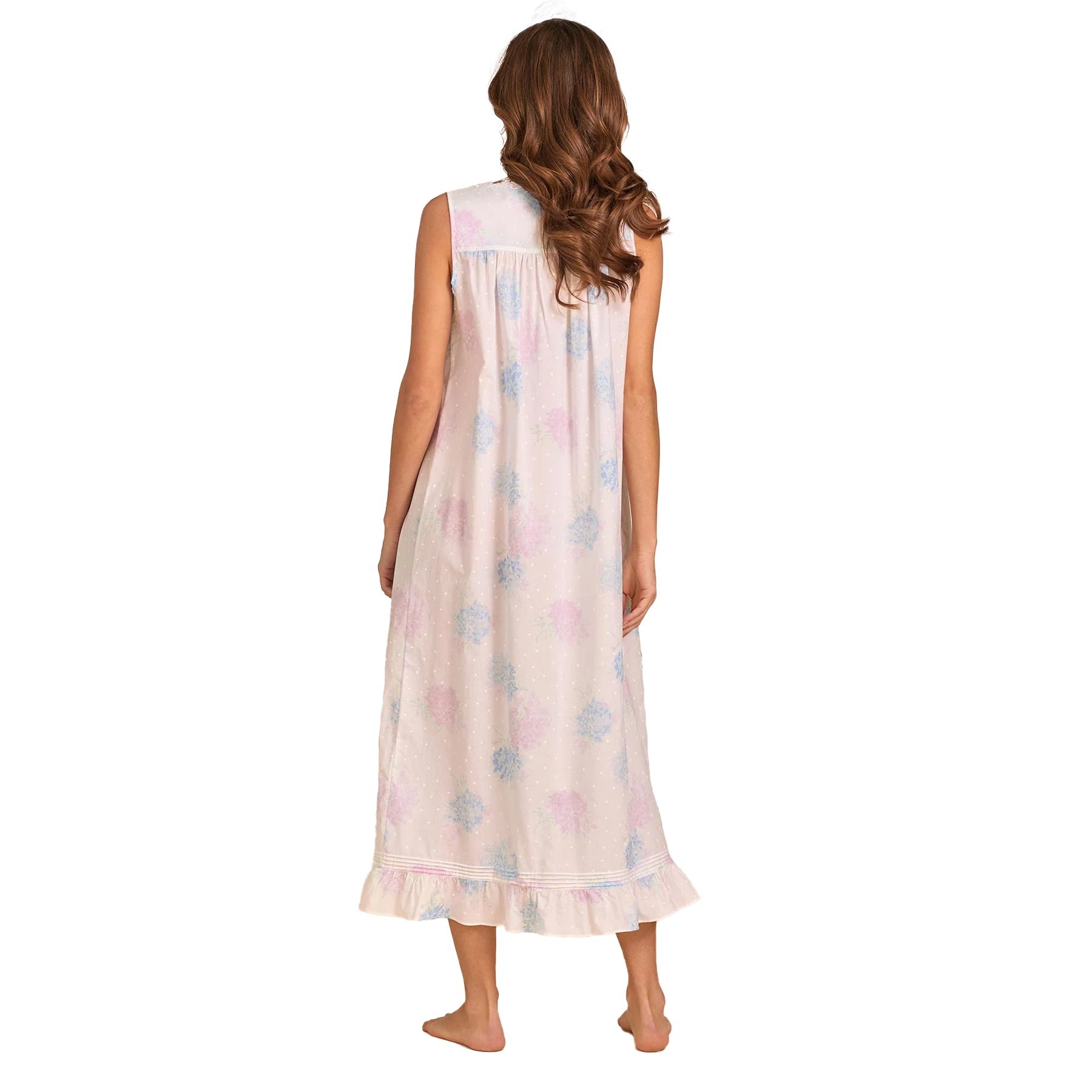 Back view of sleeveless cotton nightgown with soft gathers and pastel floral print, mid-calf length