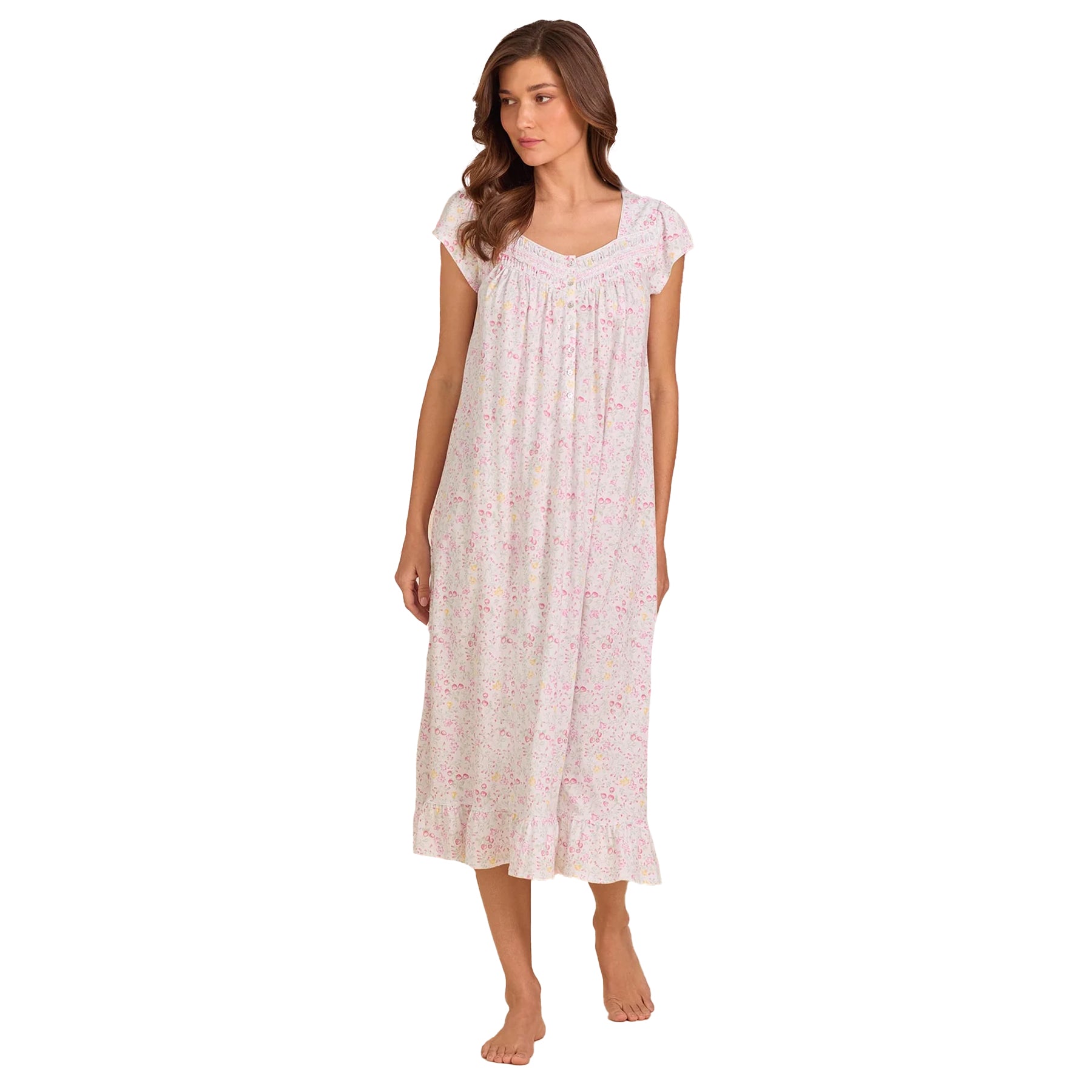 Eileen West feminine floral nightgown in pastel pink ditsy print with flowing silhouette and ruffled hem detail.