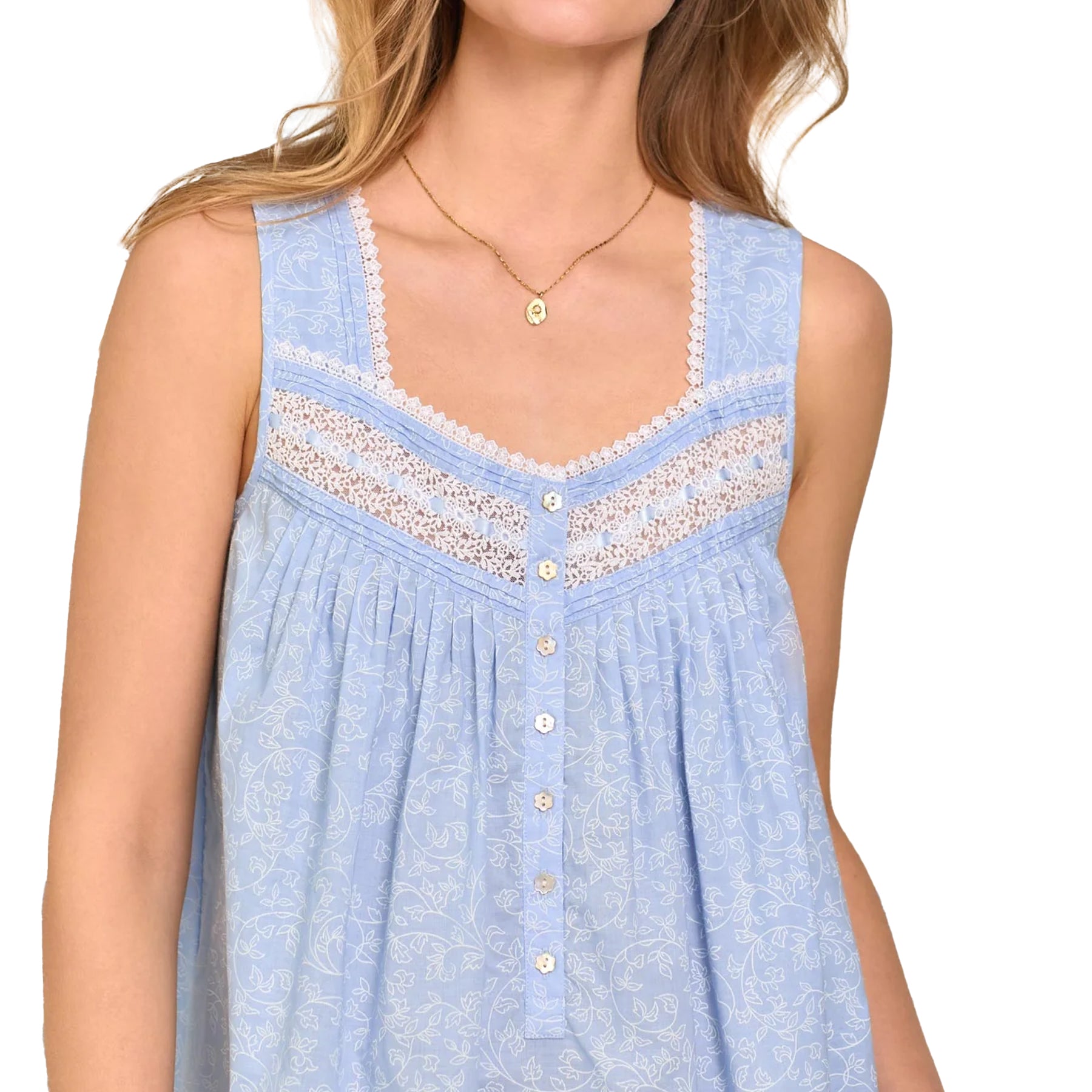 Close-up of neckline featuring lace insert, pintuck pleats and button front on soft blue nightgown