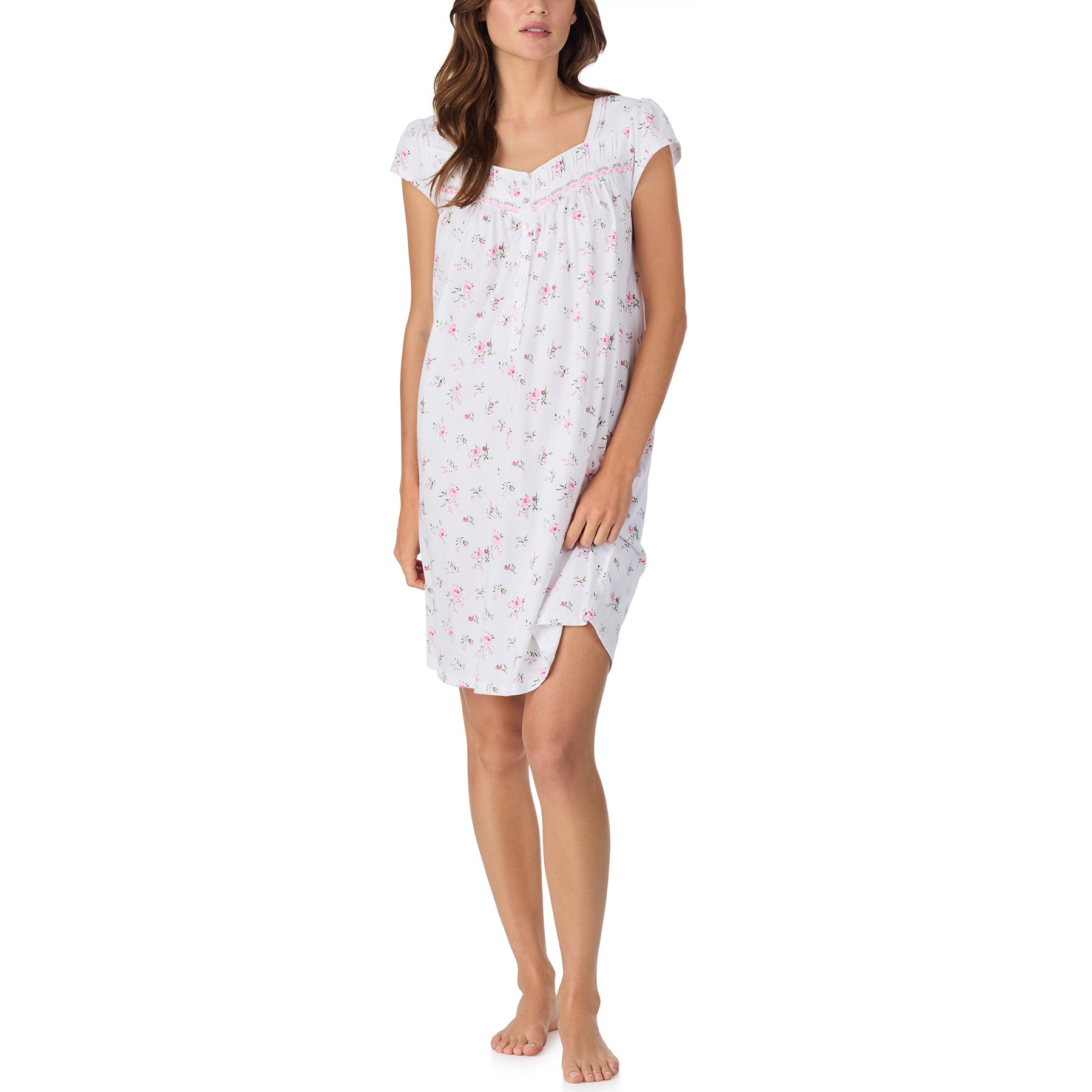 Full-length front view of a white floral nightgown with lace-trimmed neckline, button-front placket, and soft drape.