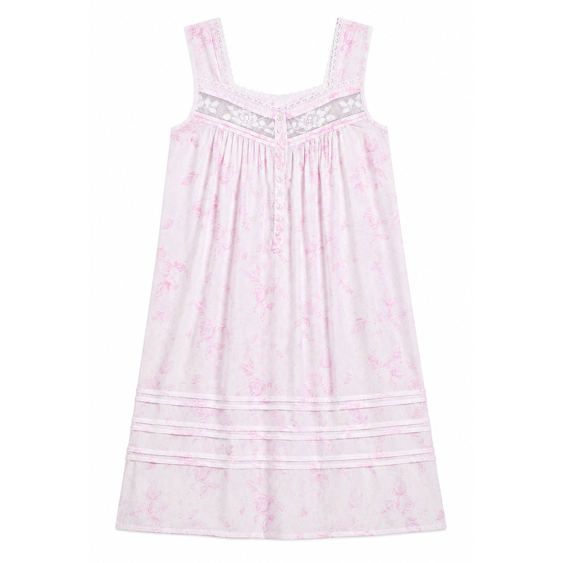 Flat lay of Eileen West pink floral sleep gown with lace inset neckline and decorative pintuck hem accents.
