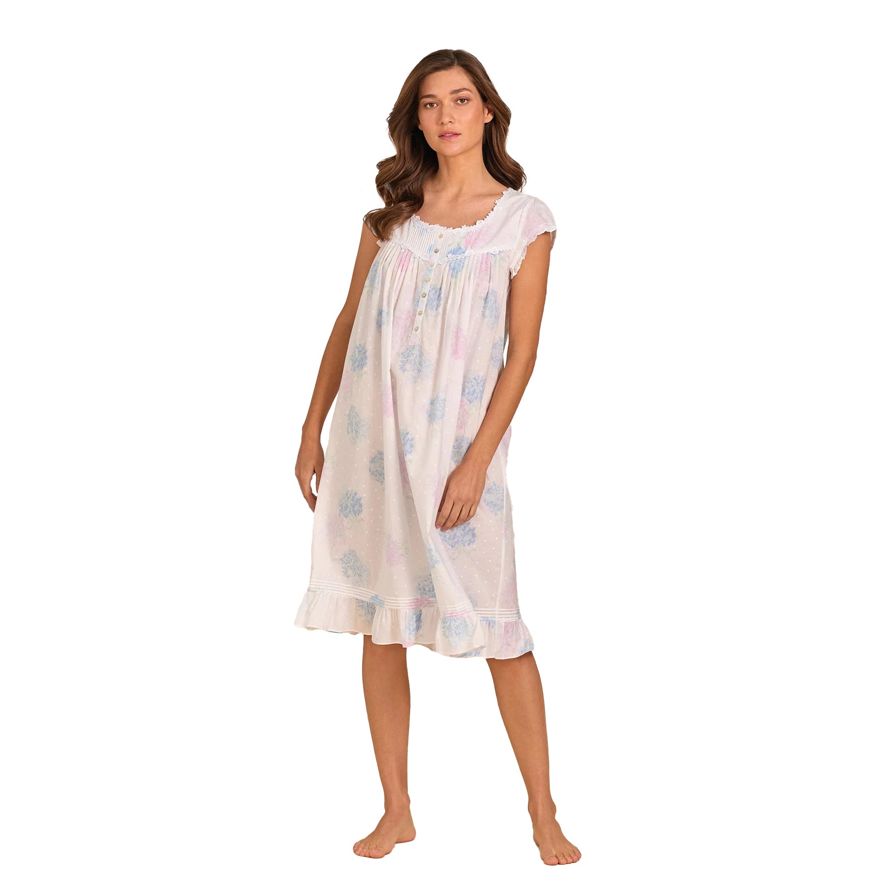 Full-length front view of women’s cotton nightgown with pastel floral print, short sleeves, lace trim neckline and ruffle hem