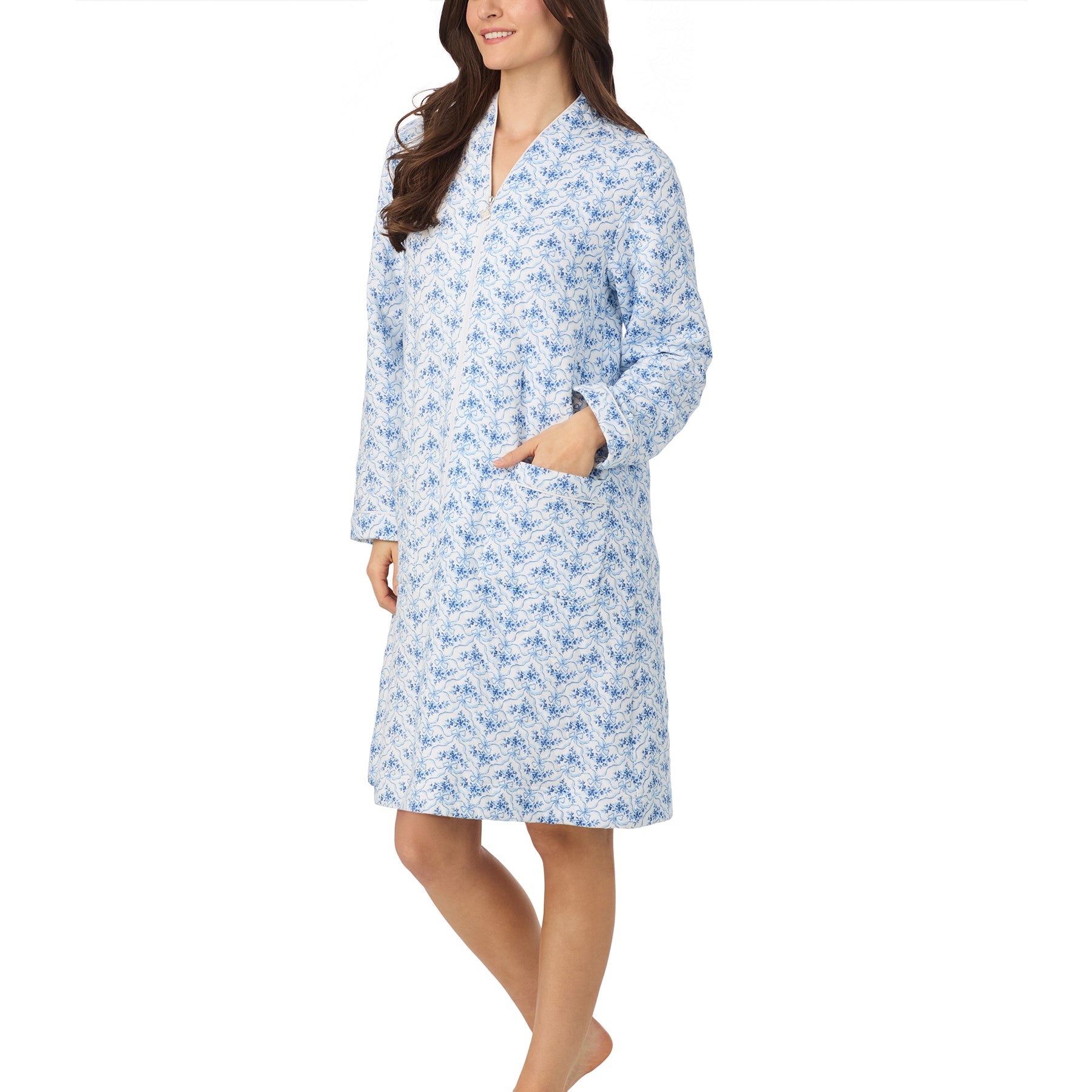 Side view of Eileen West floral zip-front robe in soft cotton with practical front pocket.