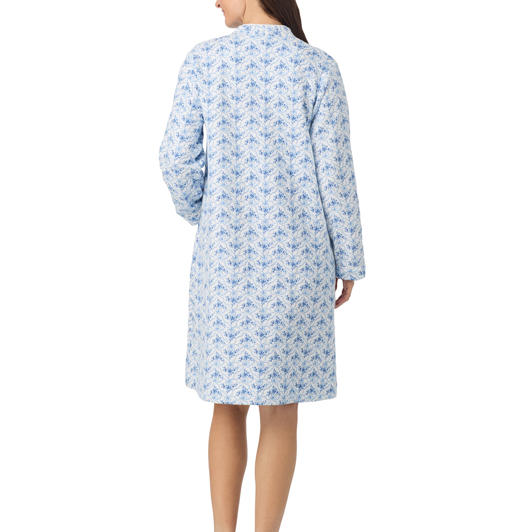 Back view of Eileen West blue floral cotton robe showcasing full-length coverage and soft fabric.