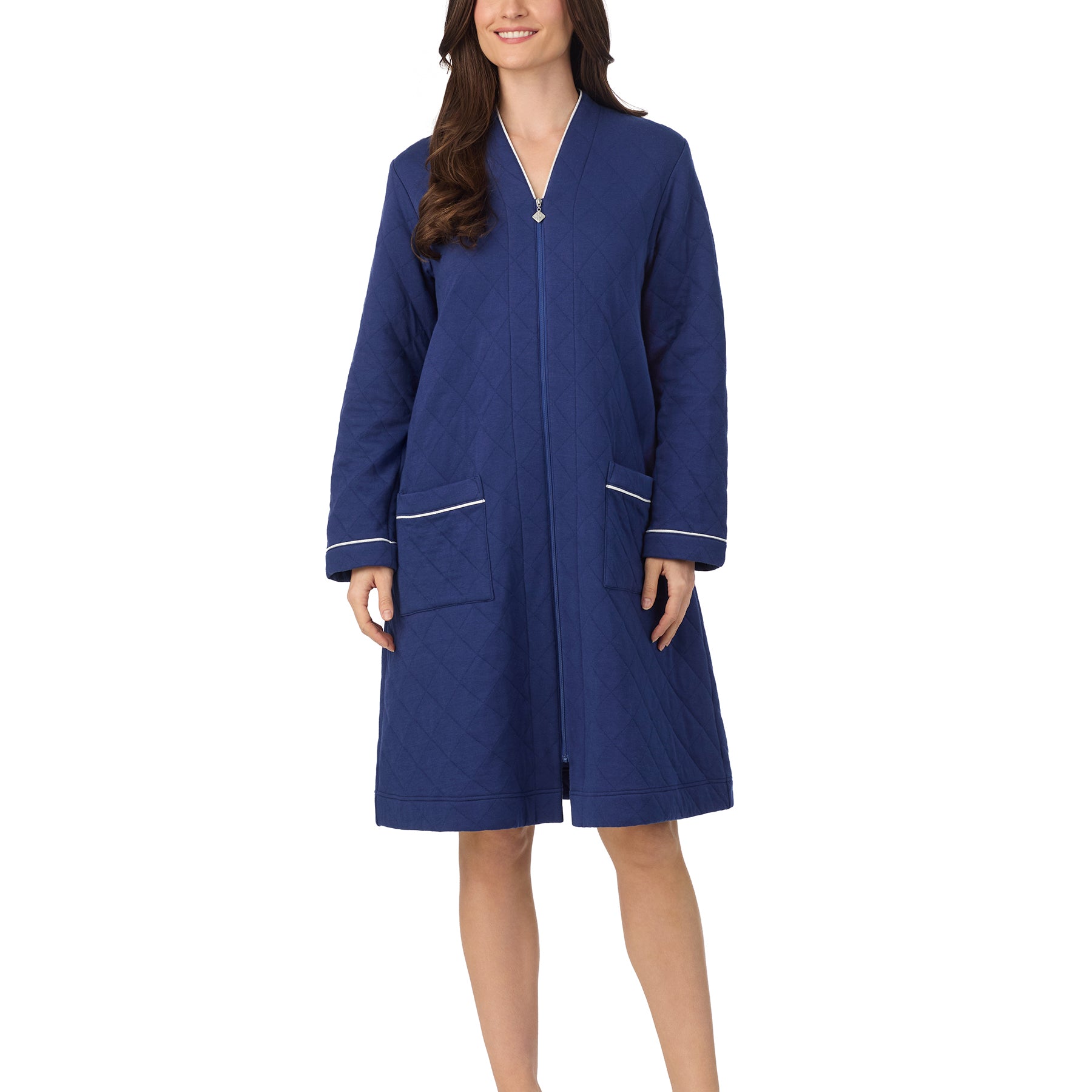Front view of navy zip-front robe with diamond quilting and long sleeves by Eileen West.