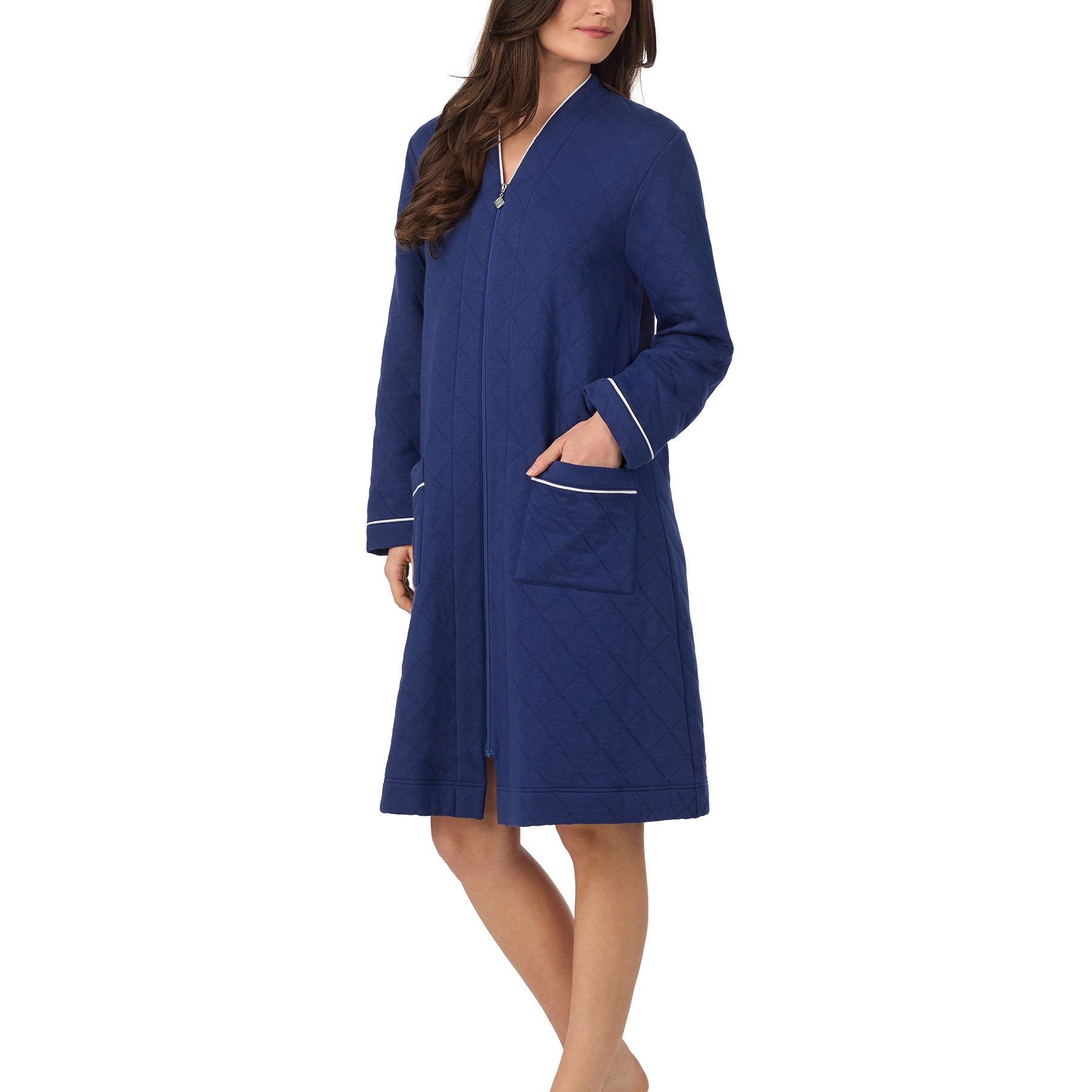 Side view of navy cotton quilted robe with full-length zipper and patch pockets.