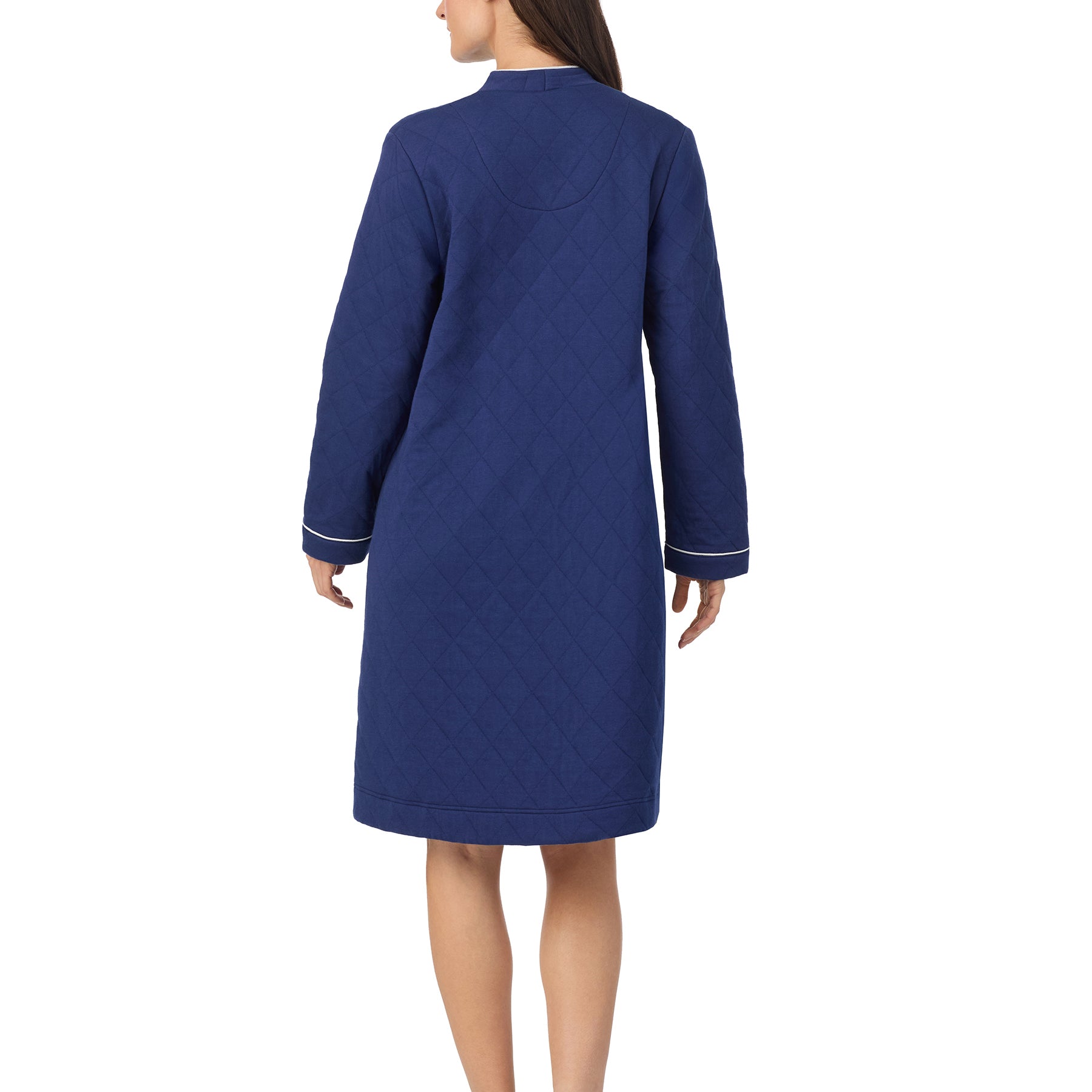 Back view of navy Eileen West quilted cotton robe showing long sleeves and mid-length silhouette.