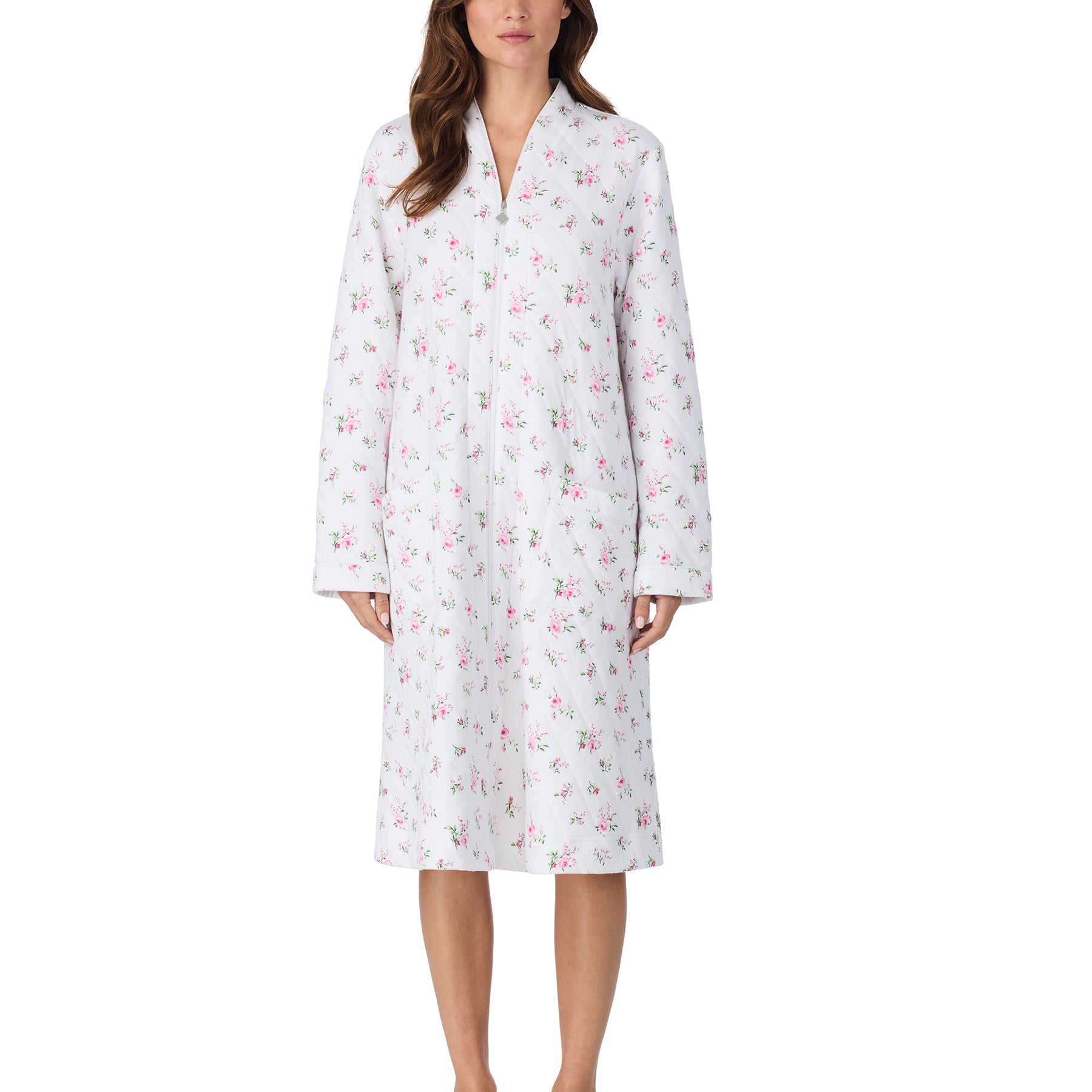 Full-length front view of a white quilted floral robe with long sleeves, zip-front closure, and knee-length hem.