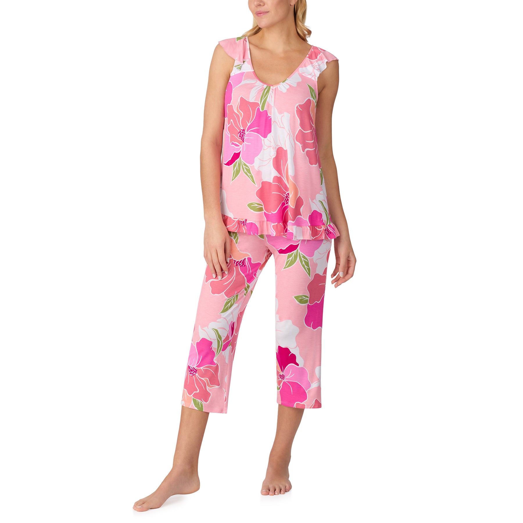 Full-length view of the pink floral pyjama set with sleeveless top and capri pants in a relaxed fit.