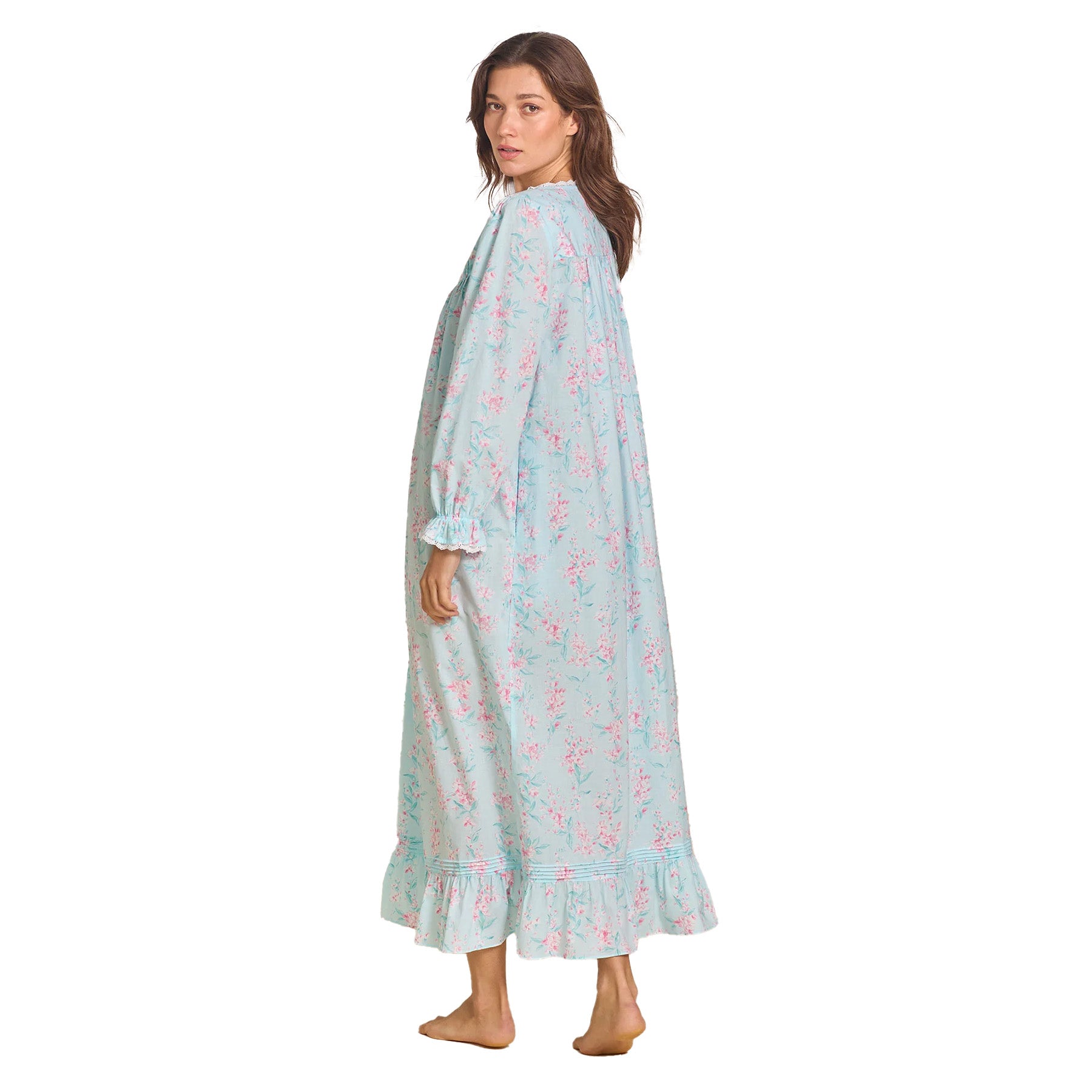 A rear view of the long floral nightgown, highlighting the gathered back, full-length fit, and soft, flowing fabric.