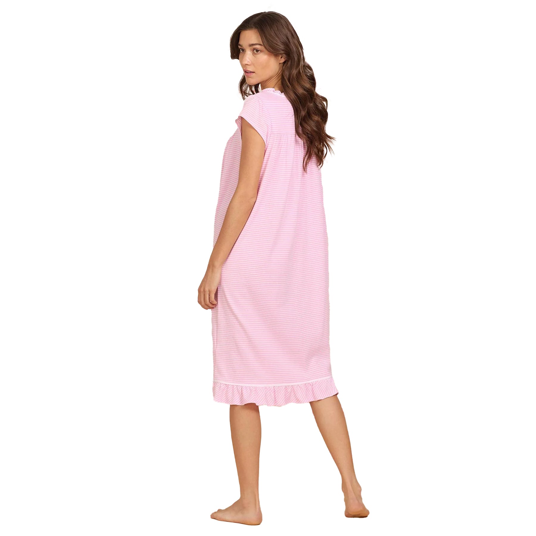 Back view of Eileen West pink striped nightgown featuring soft drape and delicate ruffle trim hem.