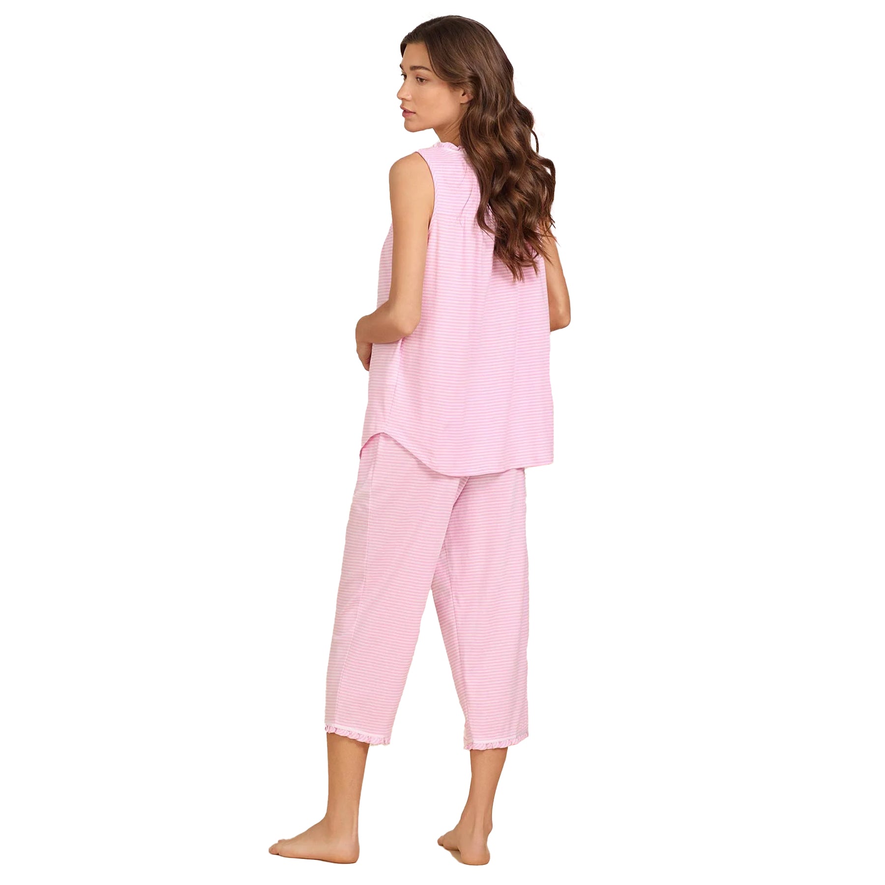 Back view of pink striped sleeveless pyjama set with flowing tank top and cropped pull-on lounge pants.