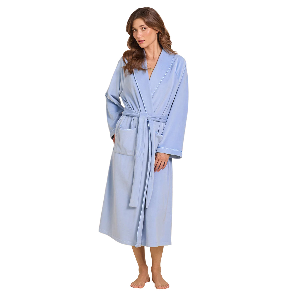 Model wearing a light blue long wrap robe with a shawl collar, matching waist tie, long sleeves, and front patch pockets.