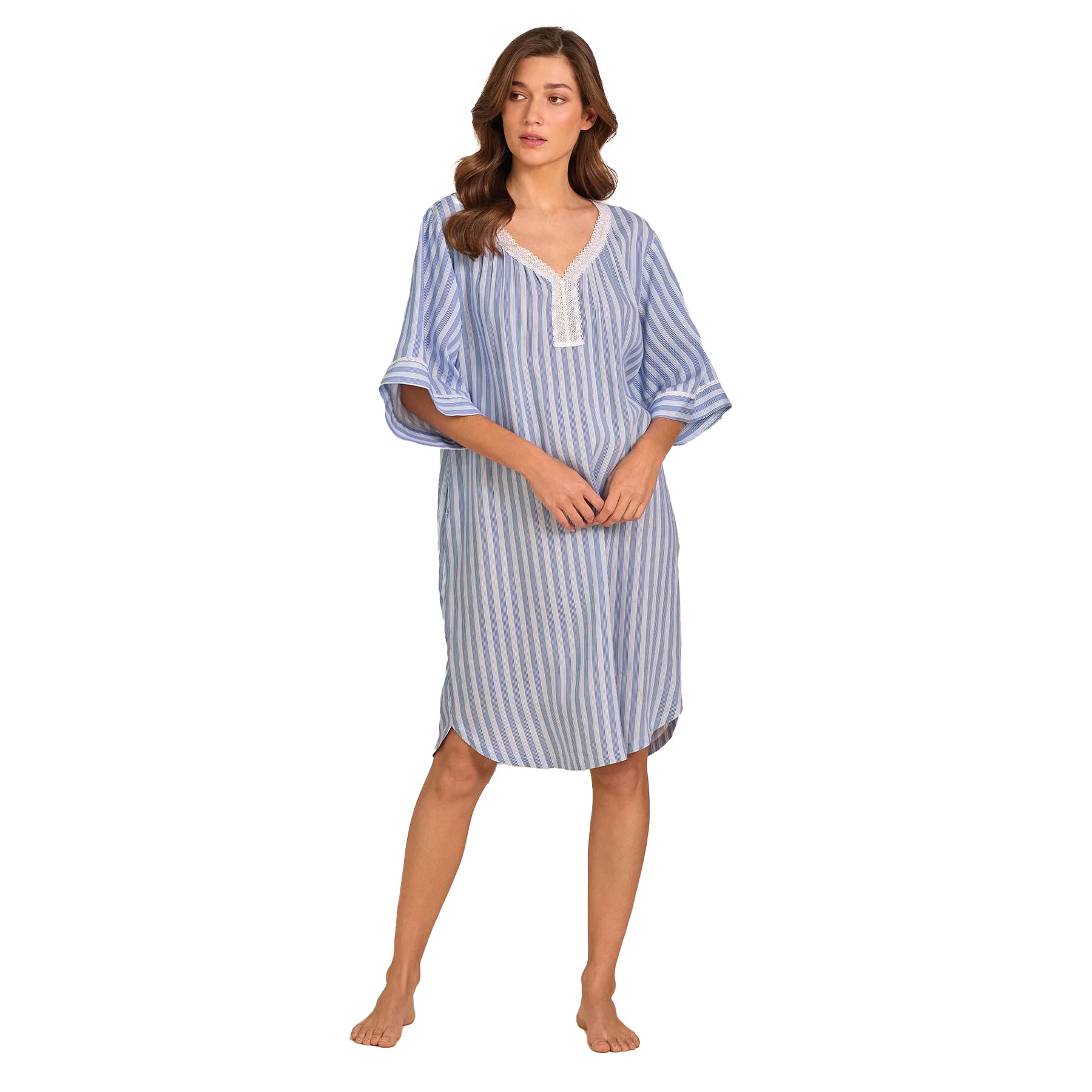 Full-length front view of blue striped cotton nightgown with lace neckline and short wide sleeves
