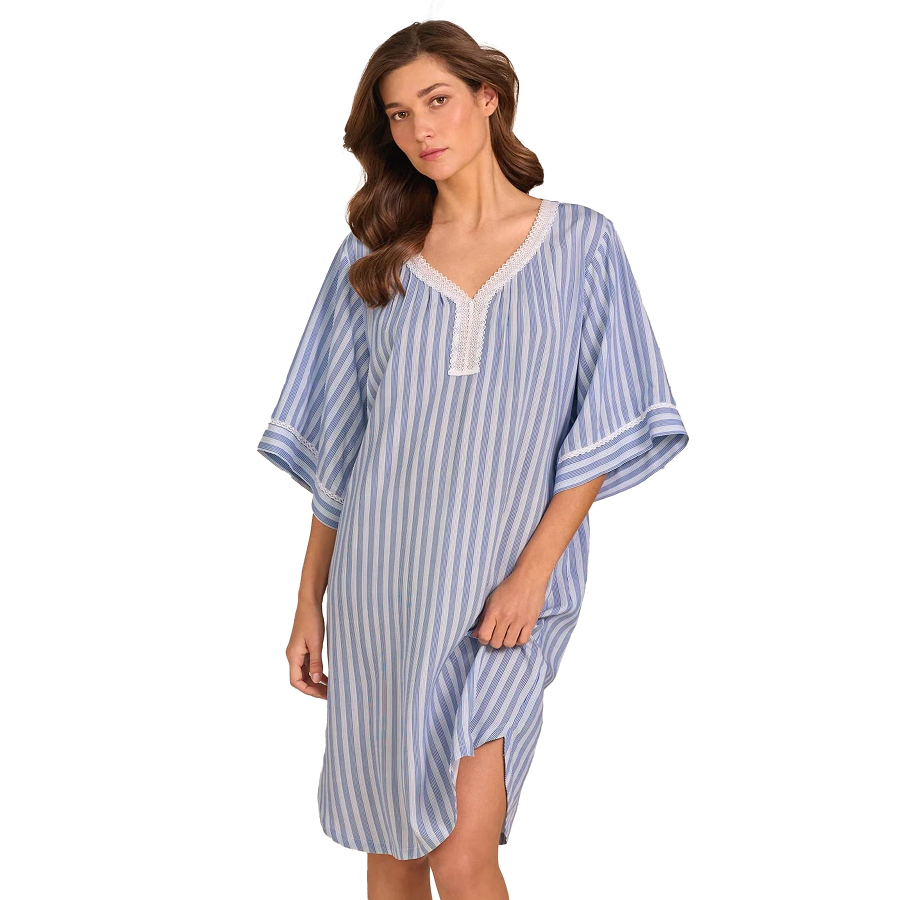 Front angled view of blue striped nightdress with lace trim and flowy silhouette